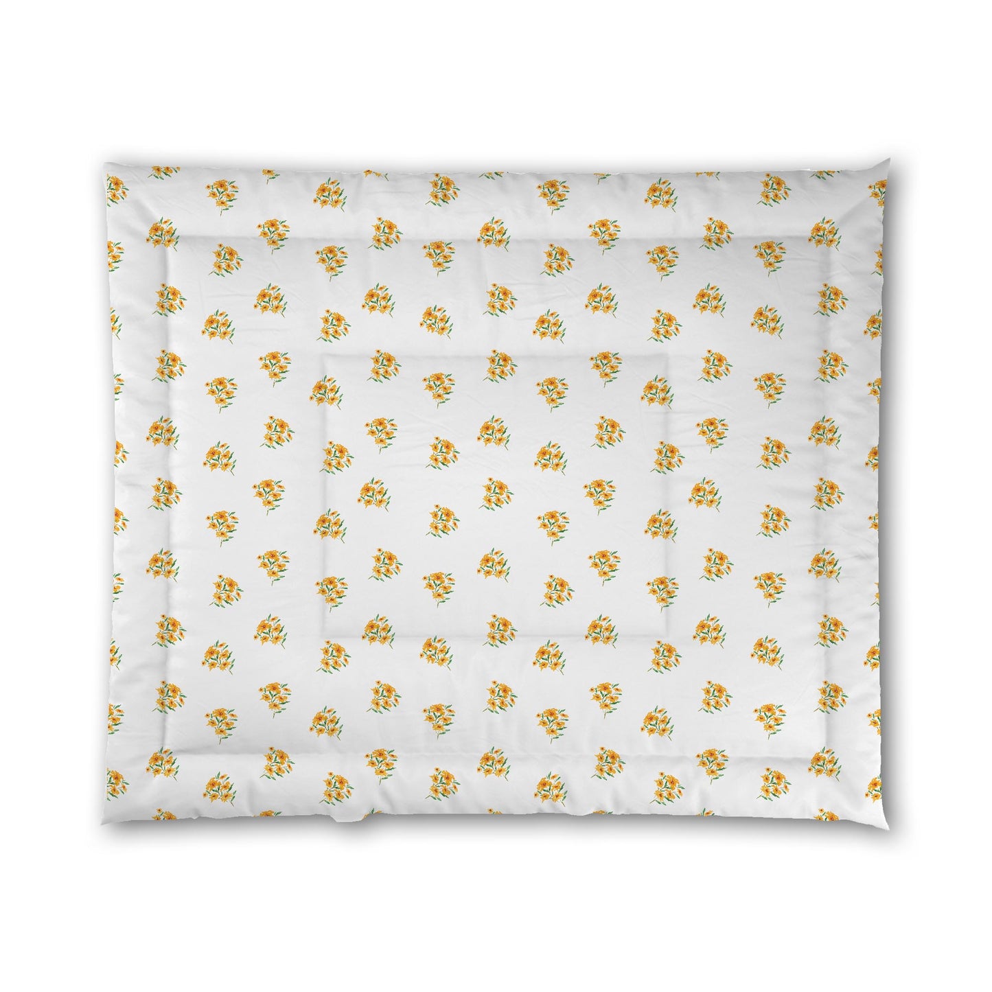 White Microfiber Comforter, Medium Yellow-Orange Floral Pattern, King - 104 x 88 inches