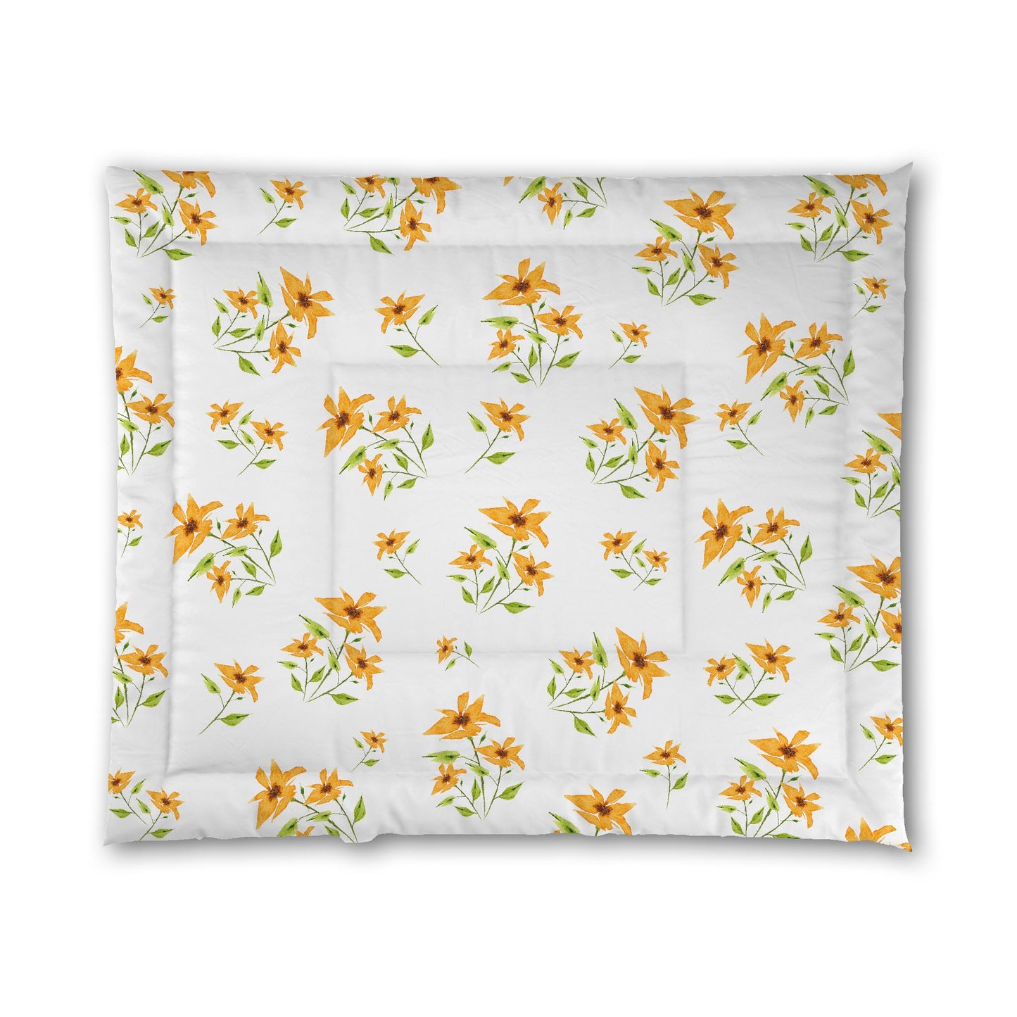 White Microfiber Comforter, Large Yellow-Orange Floral Print, King - 104 x 88 inches
