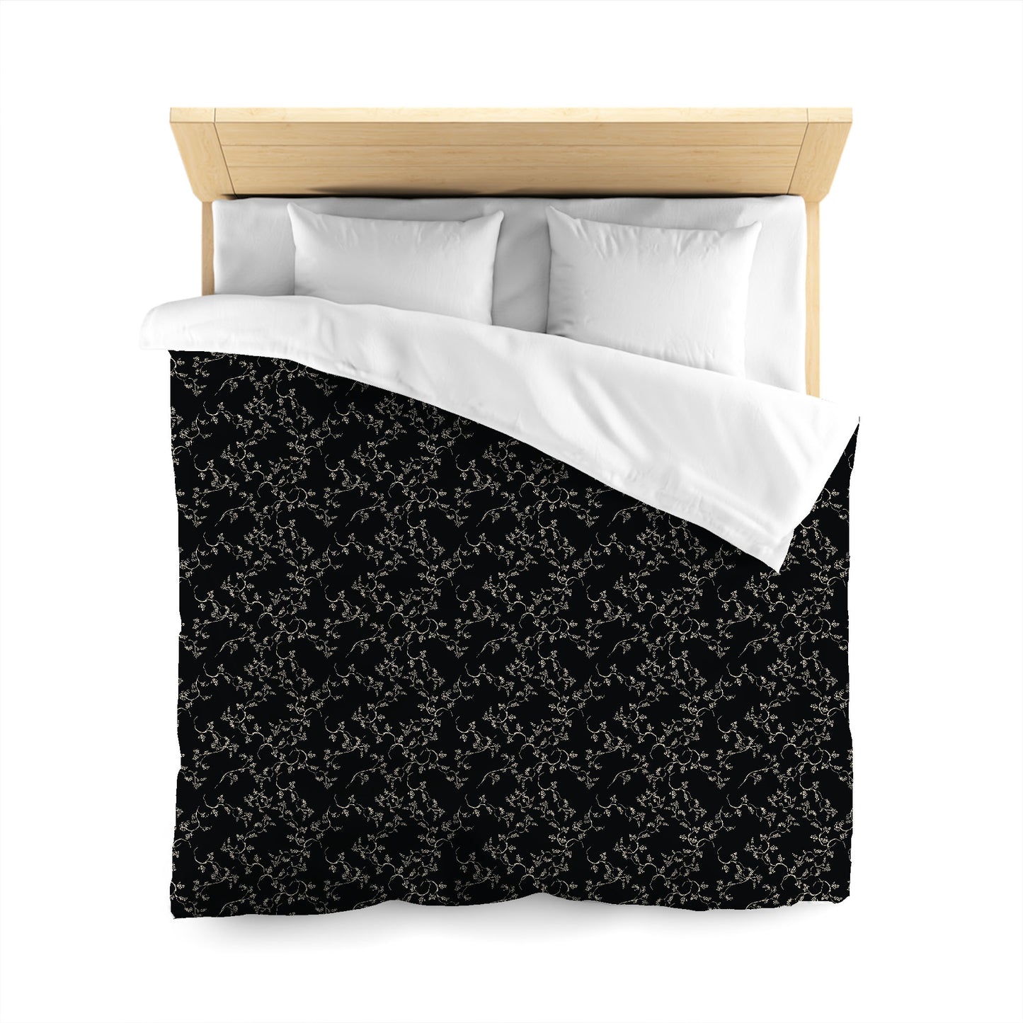 Black Microfiber Duvet Cover, Beige Hand-painted Vine Print, Queen (width x length) 88 x 88 inches / 224 x 224 cm