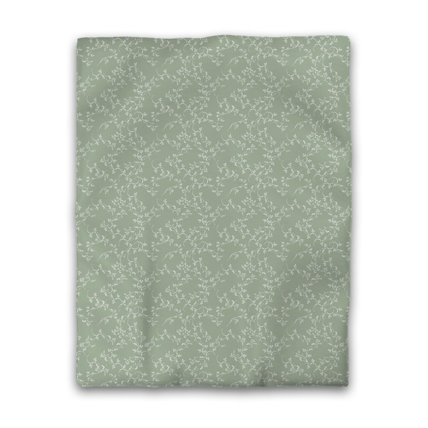 Green Cotton Sateen Duvet Cover, Off-white Hand-painted Vine Print, Twin (width x length) 70 x 90 inches / 178 x 229 cm