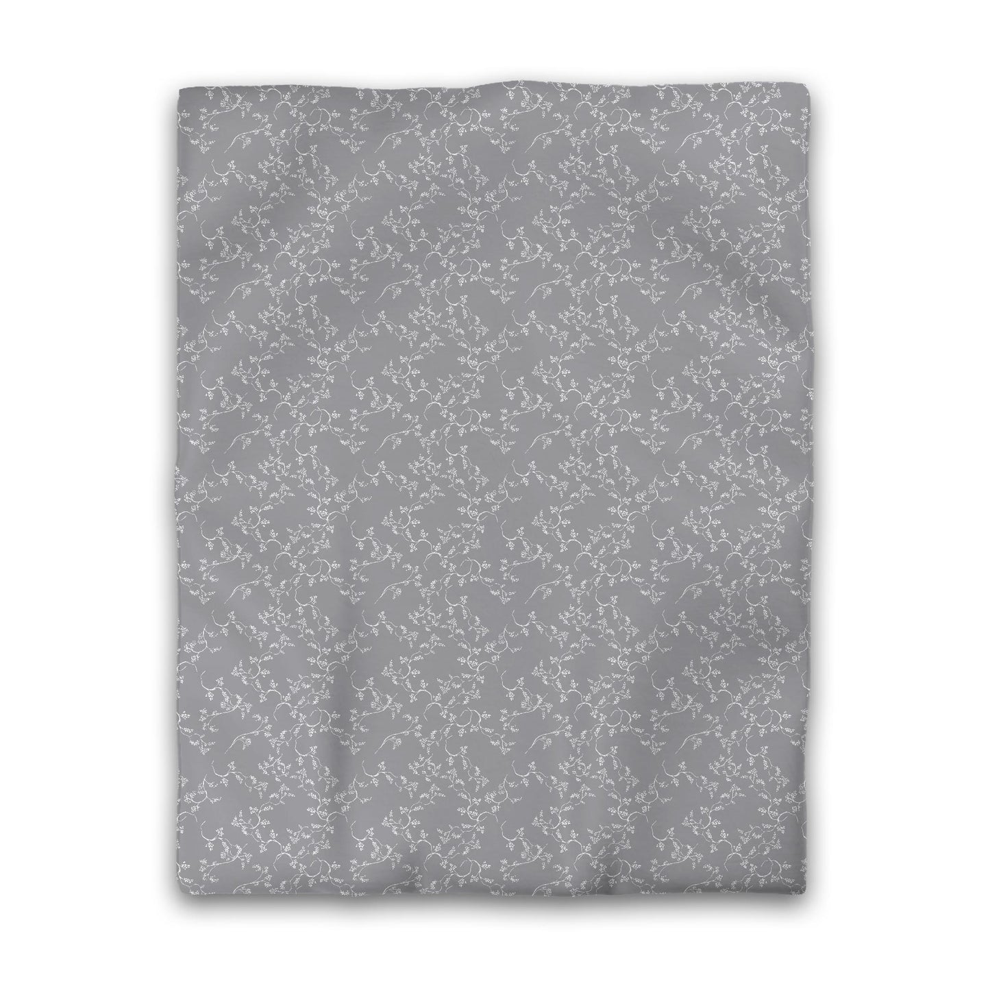 Grey Cotton Sateen Duvet Cover, Off-white Hand-painted Vine Print, Twin (width x length) 70 x 90 inches / 178 x 229 cm