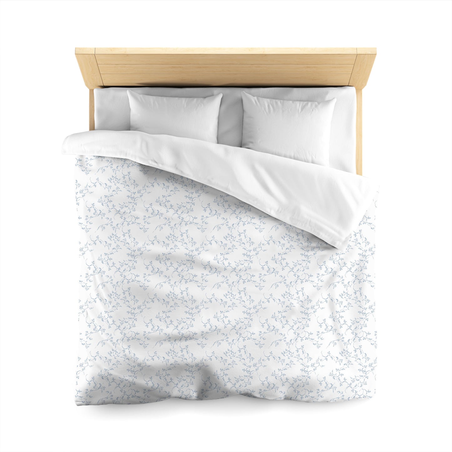 White Microfiber Duvet Cover, Blue Hand-painted Vine Print, Queen (width x length) 88 x 88 inches / 224 x 224 cm