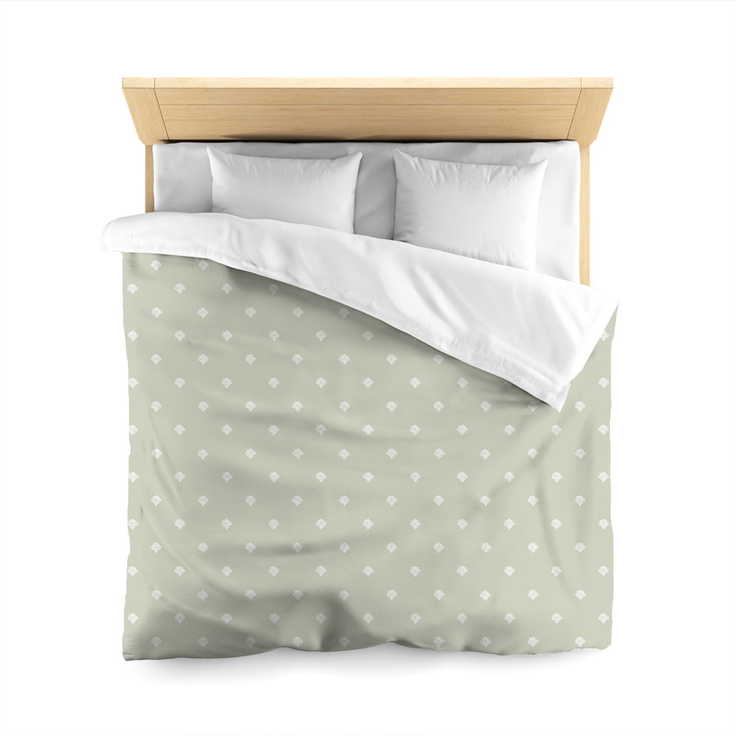 Pale Green Microfiber Duvet Cover, White Hand-painted Swizzle Motif Print, Queen (width x length) 88 x 88 inches / 224 x 224 cm