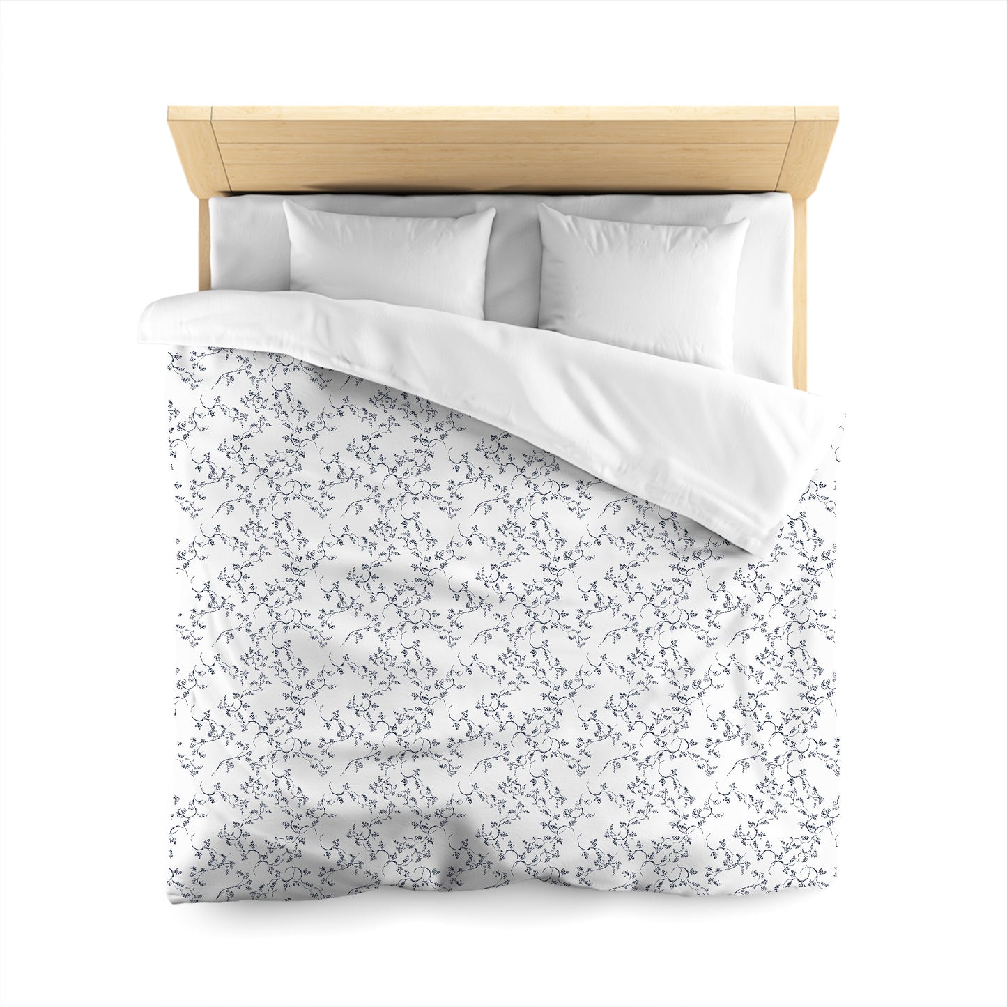 White Microfiber Duvet Cover, Navy Blue Hand-painted Vine Print, Queen (width x length) 88 x 88 inches / 224 x 224 cm