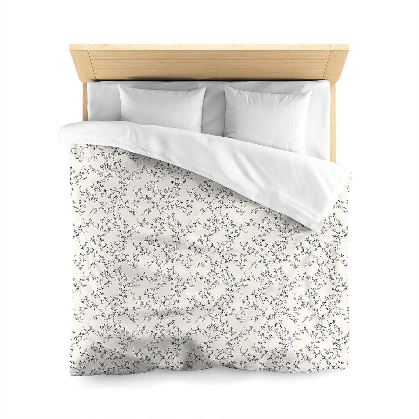 Pale Cream Microfibre Duvet Cover, Navy Blue Hand-painted Vine Print, Queen (width x length) 88 x 88 inches / 224 x 224 cm