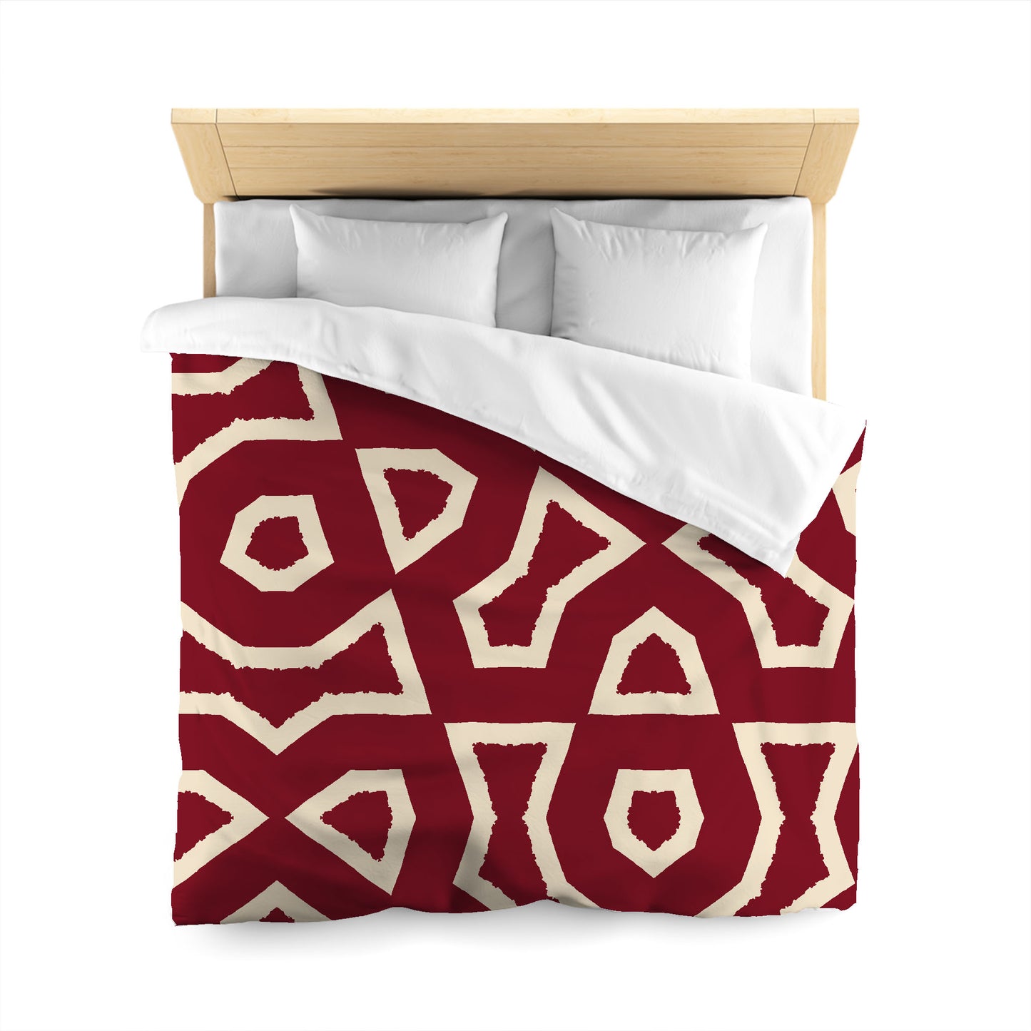 Burgundy Red Cotton Sateen Duvet Cover, Bold Beige Graphic, Queen (width x length) 90 x 90 inches / 229 x 229 cm