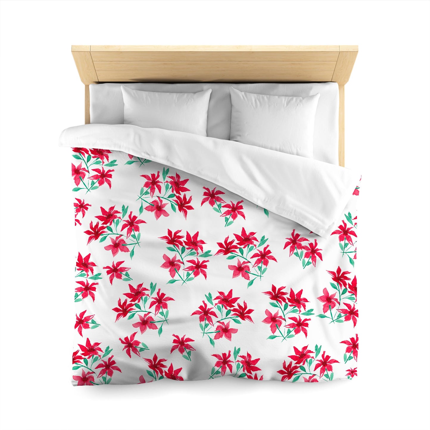 Off-White Cotton Sateen Duvet, Large Red Floral Print, Queen - 90 x 90 inches