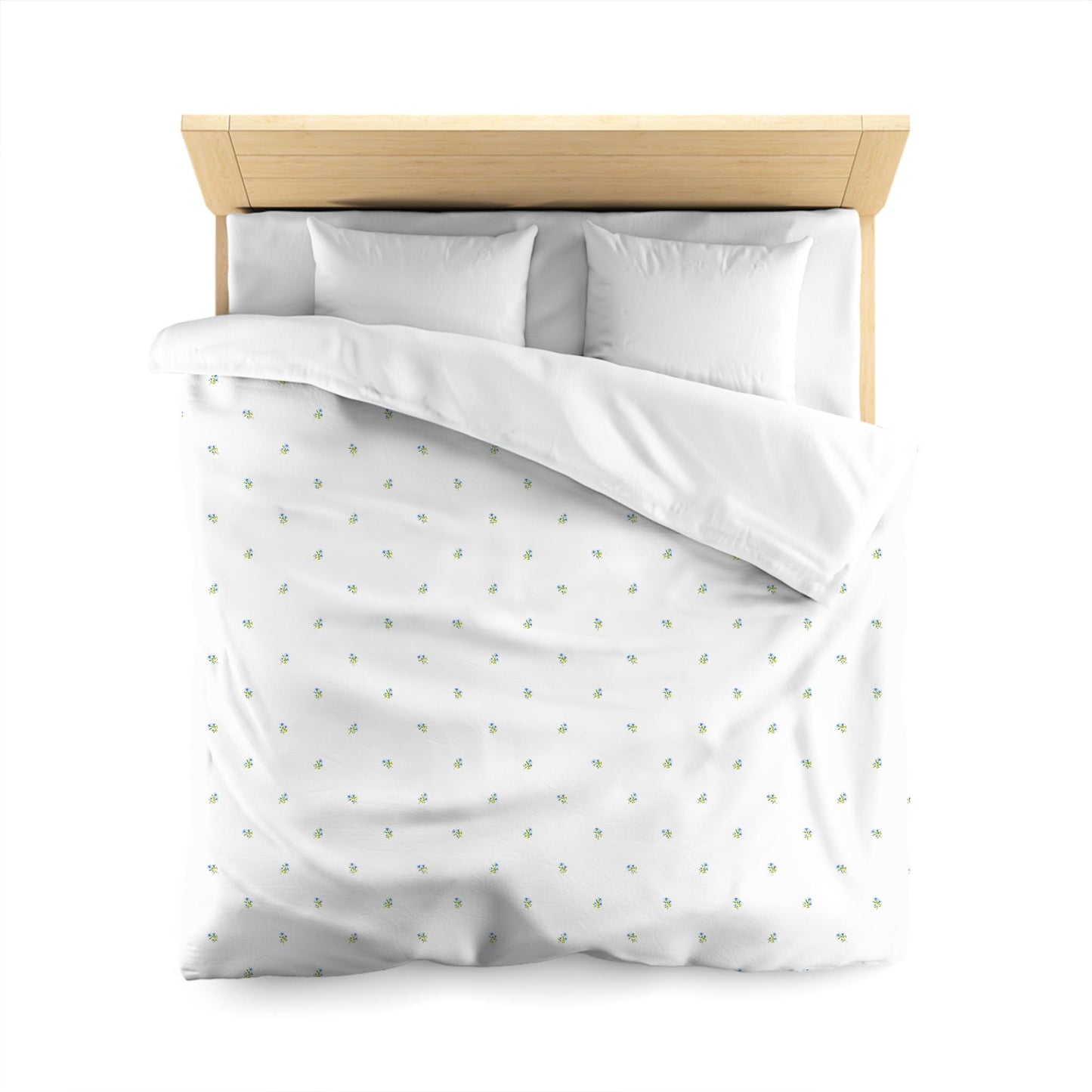 Off-White Cotton Sateen Duvet, Small Blue Floral Pattern, Queen - 90 x 90 inches