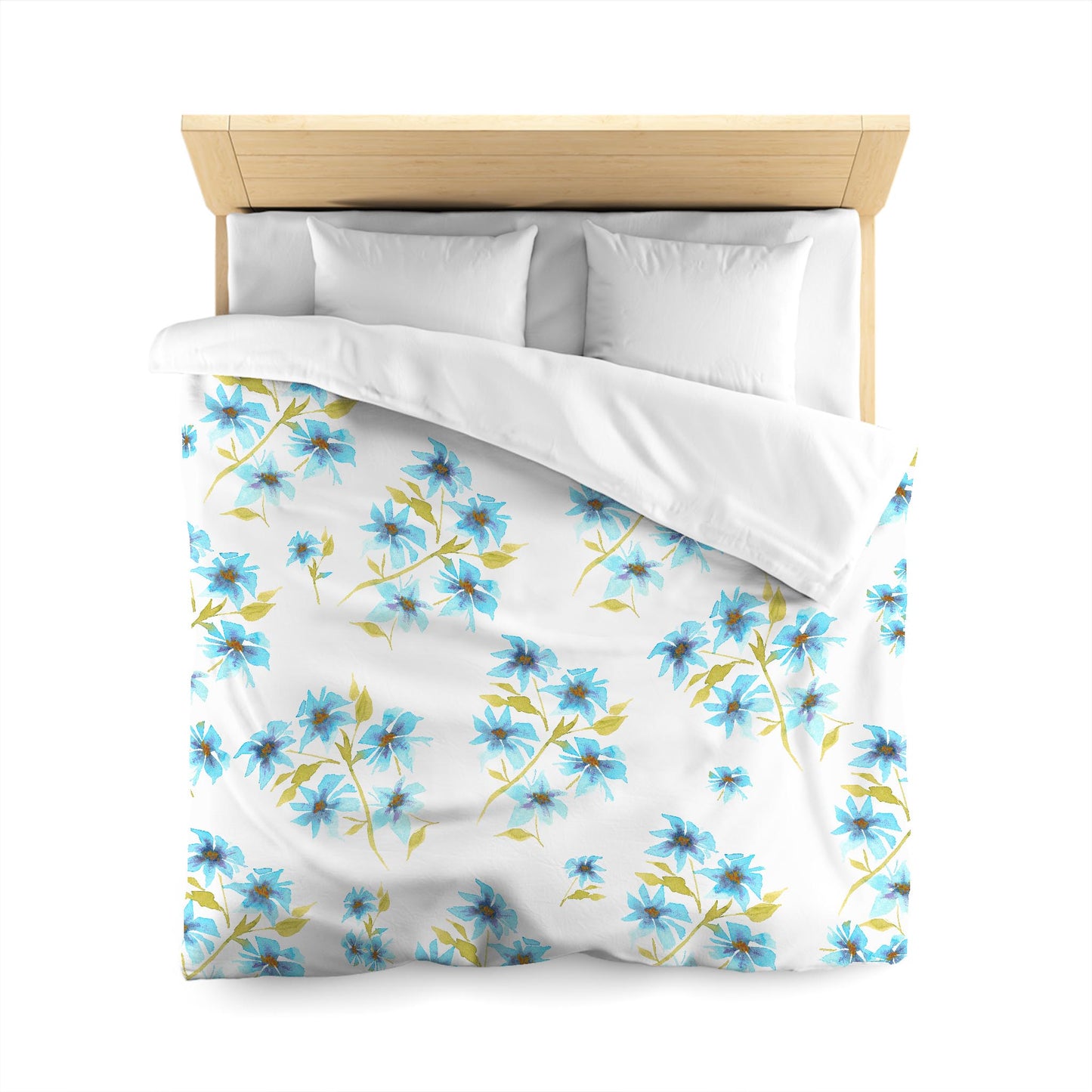 White Microfiber Duvet, Large Blue Floral Print, Queen - 88 x 88 inches