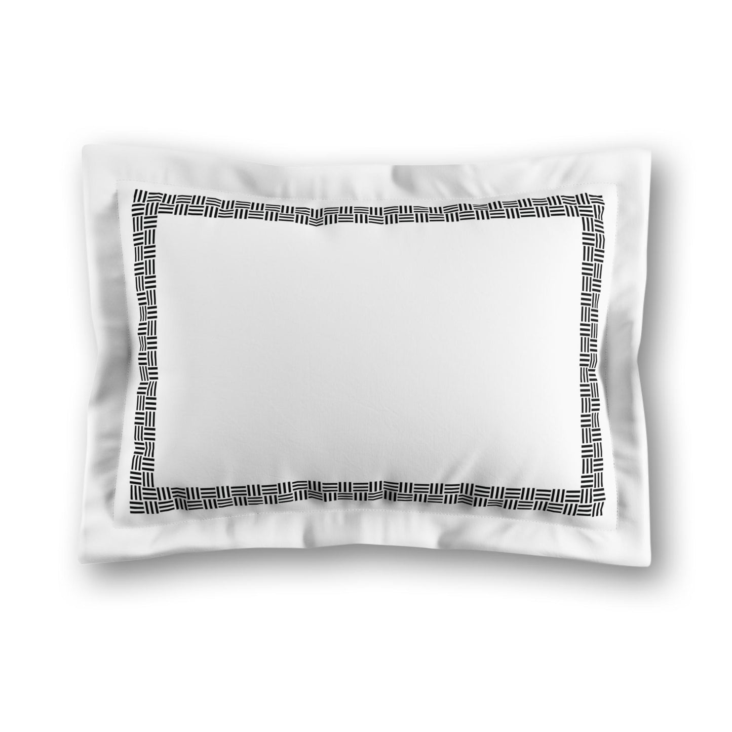 White Microfiber Pillow Sham with Flange, Black Double Weave Motif Print, Classic Border, Tan Reverse Side, King (width x length) 22 x 38 inches / 56 x 97 cm