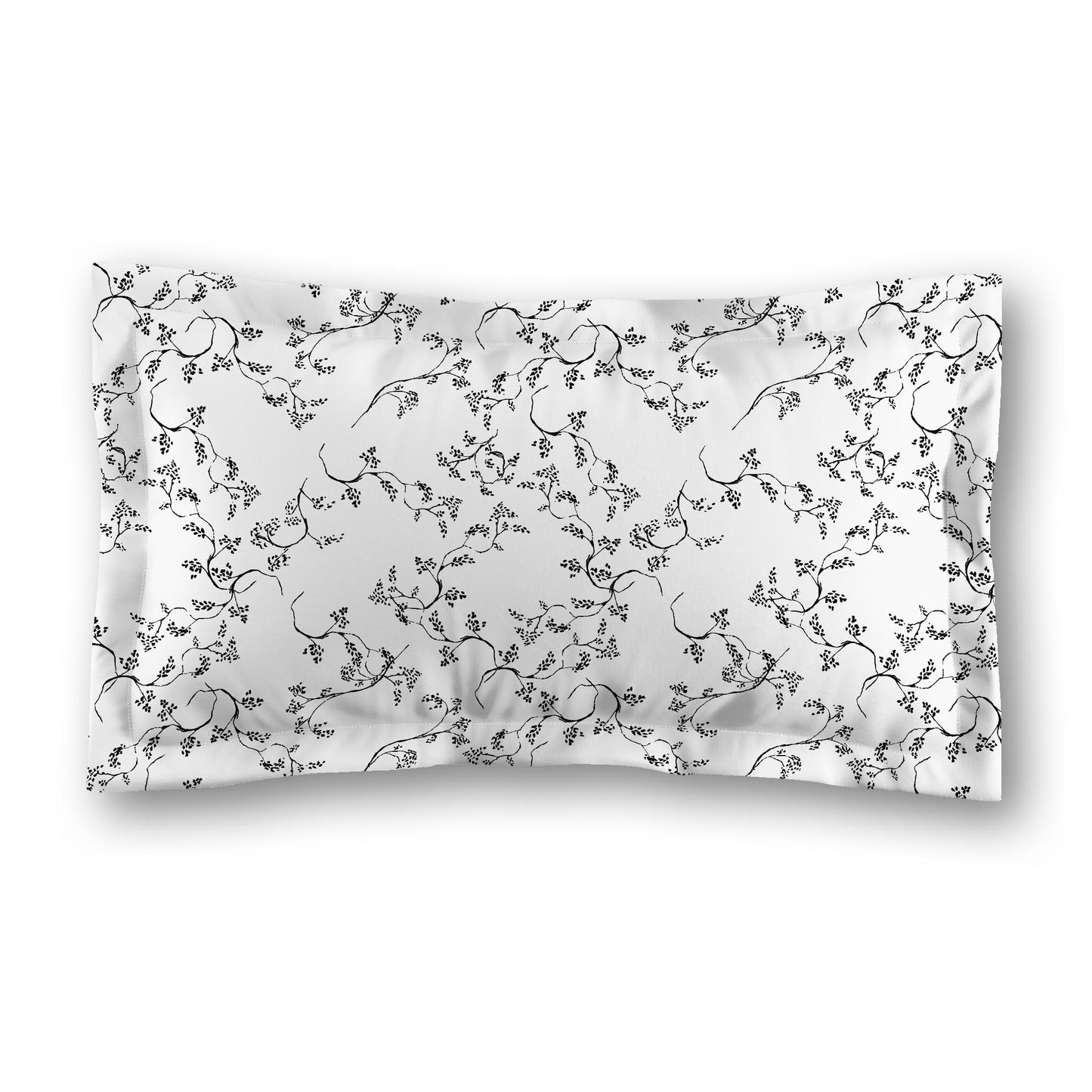 White Microfiber Pillow Sham with Flange, Black Hand-painted Vine Print, Tan Reverse Side, Standard (width x length) 22 x 30 inches / 56 x 76 cm