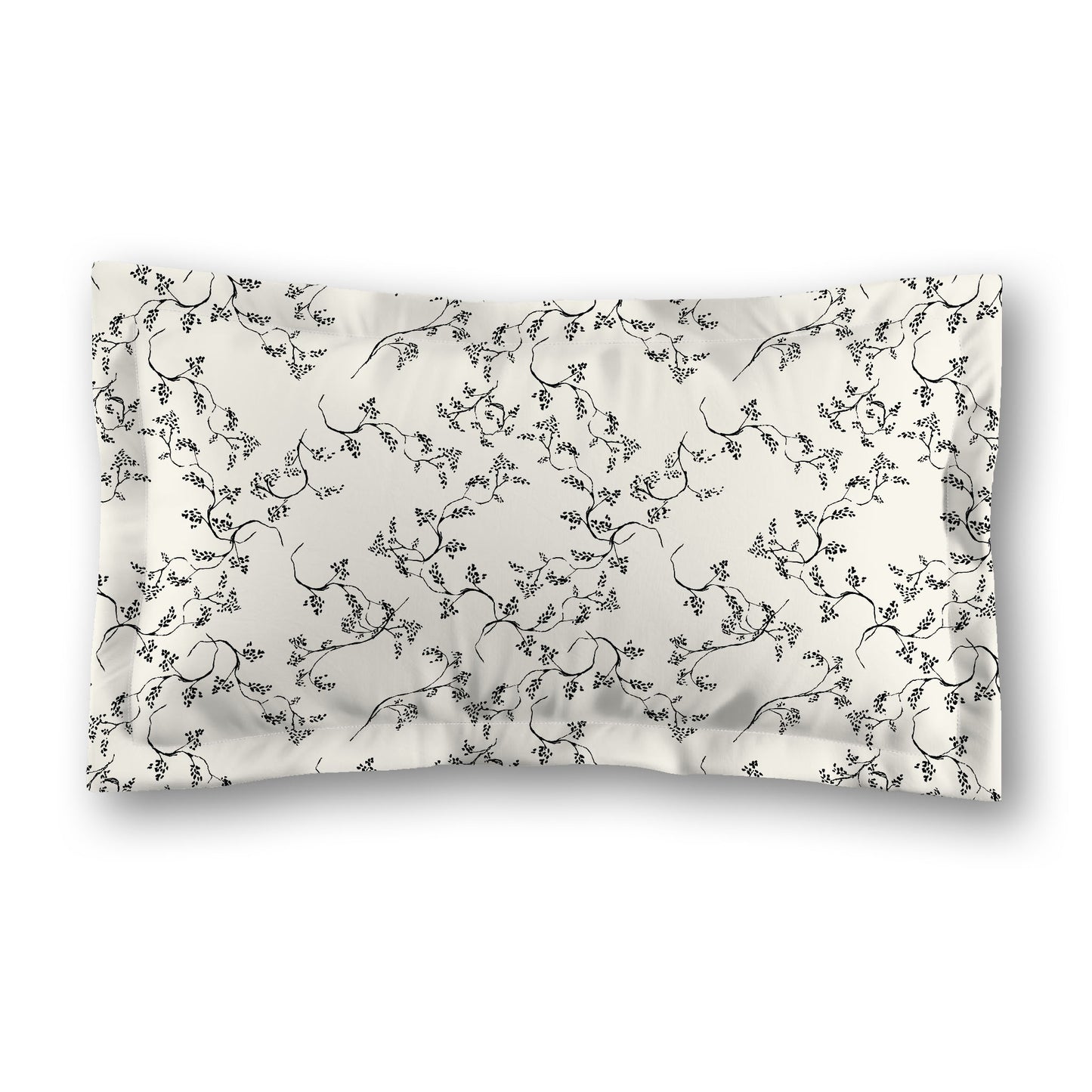Pale Cream Microfiber Pillow Sham with Flange, Black Hand-painted Vine Print, White Reverse Side, Standard (width x length) 22 x 30 inches / 56 x 76 cm
