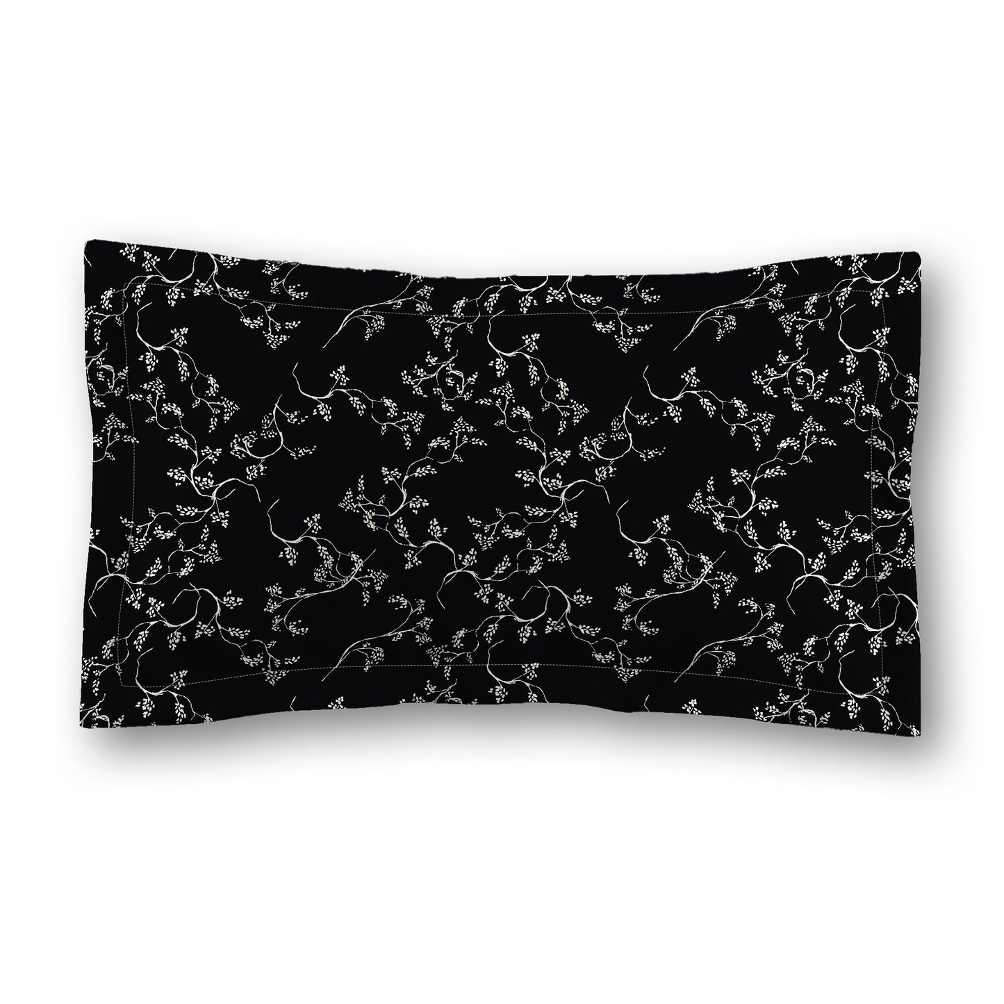 Black Microfiber Pillow Sham with Flange, Pale Cream Hand-painted Vine Print, White Reverse Side, Standard (width x length) 22 x 30 inches / 56 x 76 cm