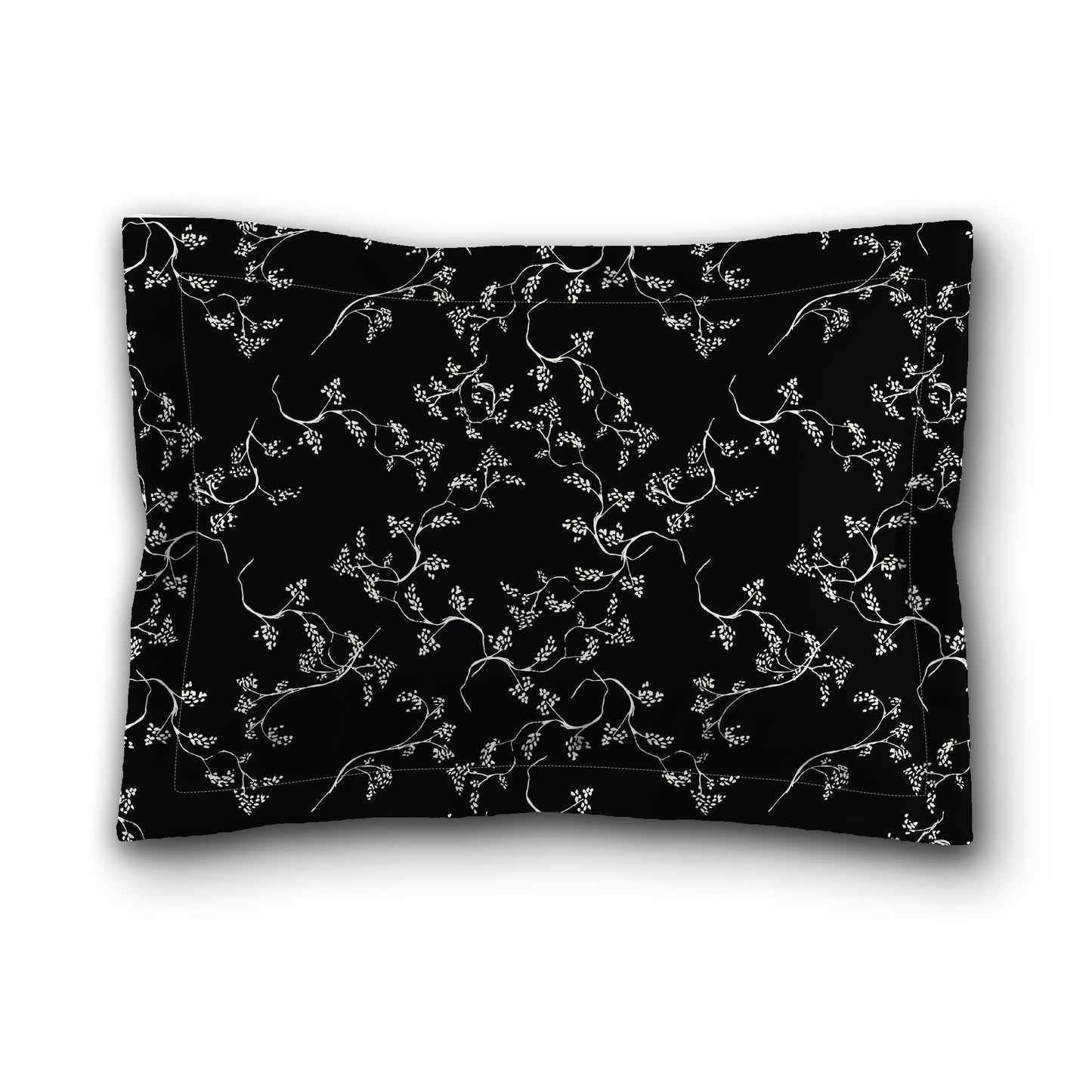 Black Microfiber Pillow Sham with Flange, Pale Cream Hand-painted Vine Print, White Reverse Side, King (width x length) 22 x 38 inches / 56 x 97 cm