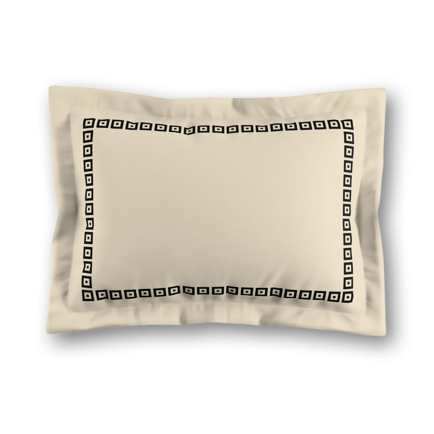 Beige Microfiber Pillow Sham with Flange, Black Repeating Square Motif Print, Classic Border, White Reverse Side, King (width x length) 22 x 38 inches / 56 x 97 cm