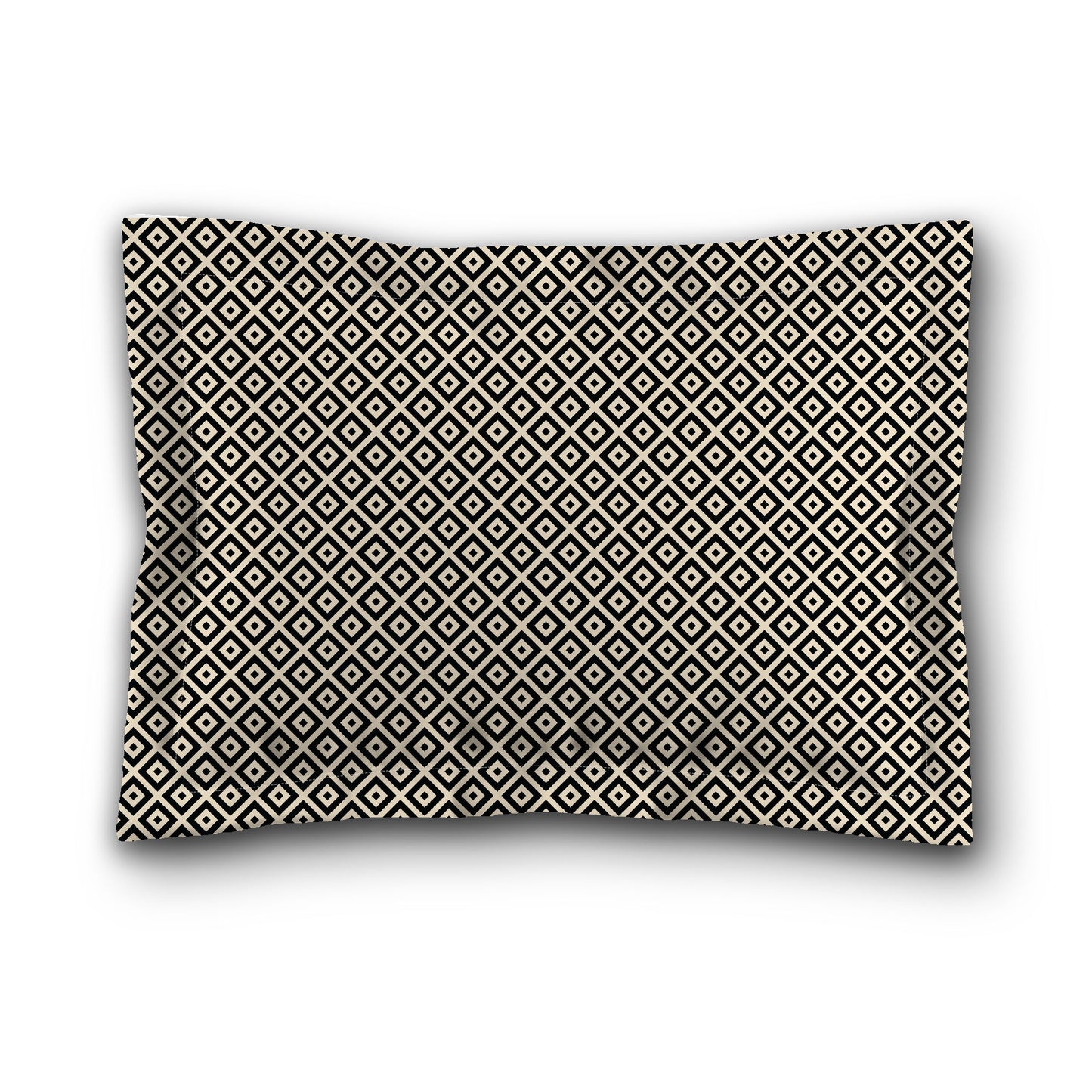 Beige Microfiber Pillow Sham with Flange, Black Repeating Square Motif Print, White Reverse Side, King (width x length) 22 x 38 inches / 56 x 97 cm