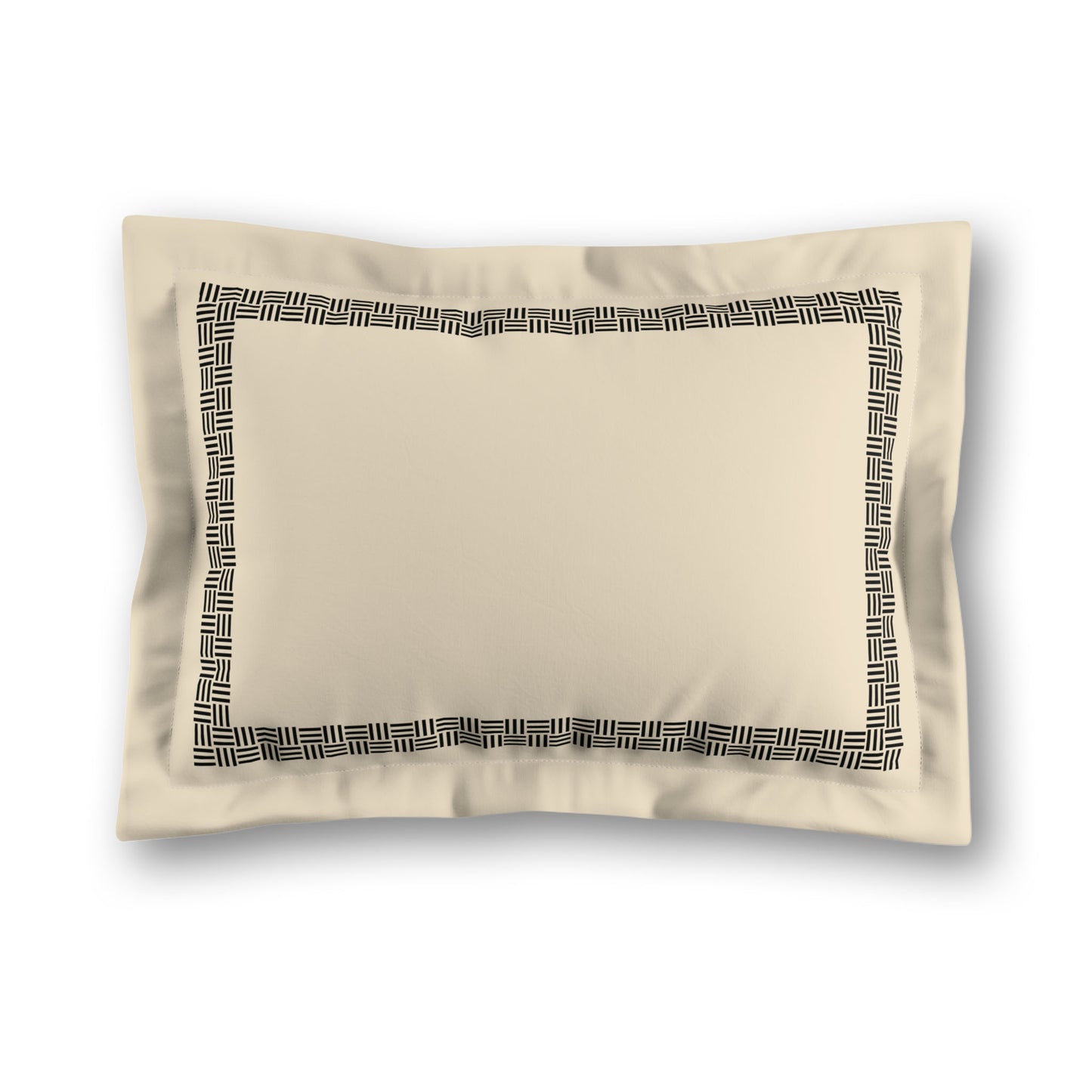 Beige Microfiber Pillow Sham with Flange, Black Double Weave Motif Print, Classic Border, White Reverse Side, King (width x length) 22 x 38 inches / 56 x 97 cm