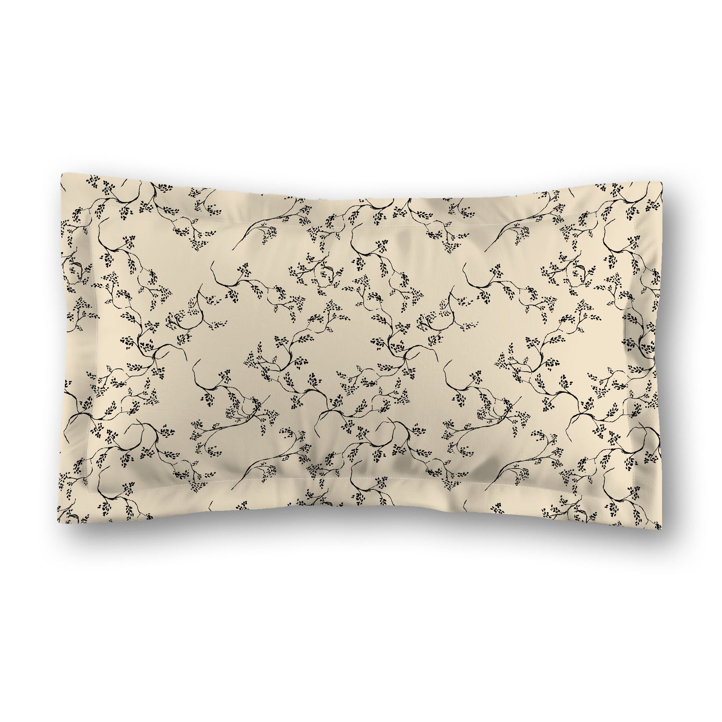 Beige Microfiber Pillow Sham with Flange, Black Hand-painted Vine Print, White Reverse Side, Standard (width x length) 22 x 30 inches / 56 x 76 cm