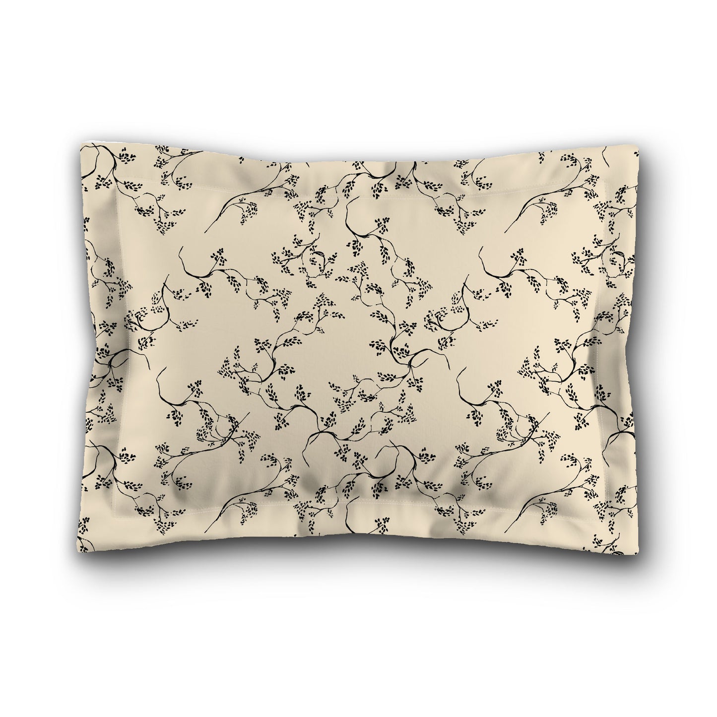 Beige Microfiber Pillow Sham with Flange, Black Hand-painted Vine Print, White Reverse Side, King (width x length) 22 x 38 inches / 56 x 97 cm