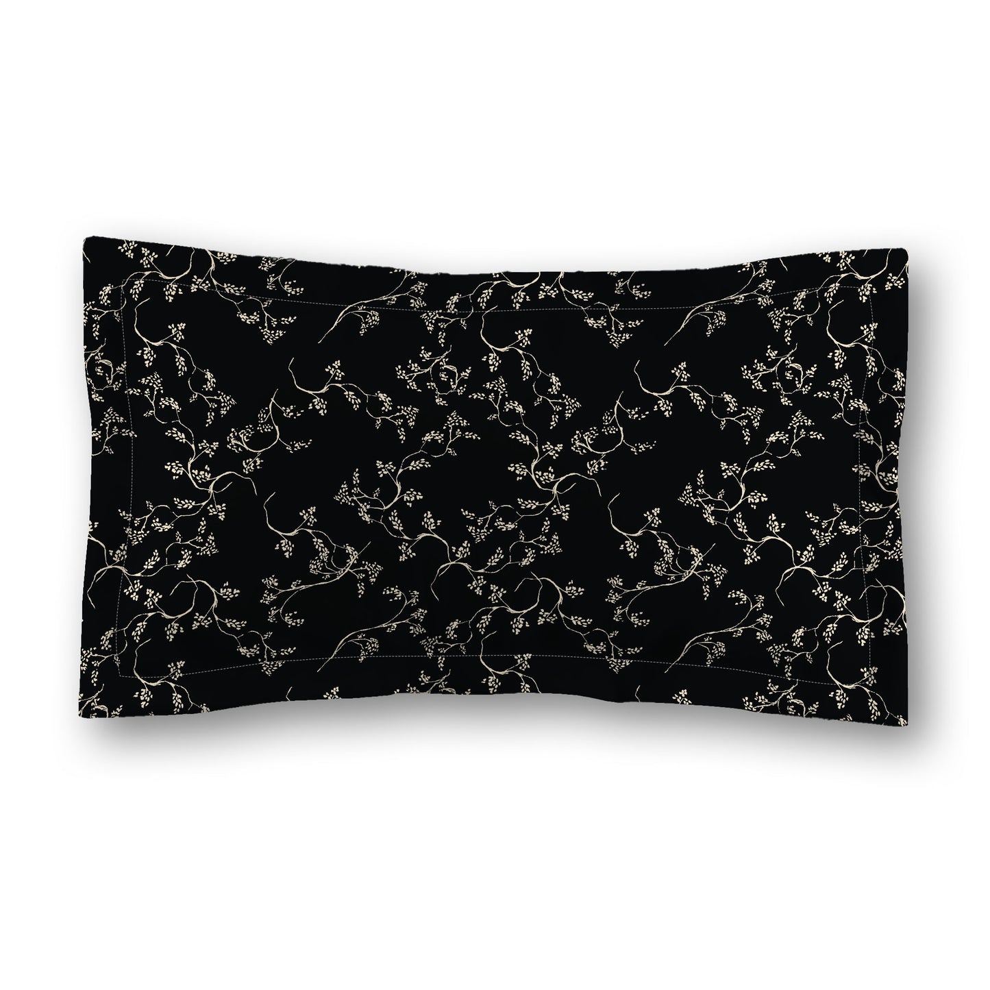 Black Microfiber Pillow Sham with Flange, Beige Hand-painted Vine Print, White Reverse Side, Standard (width x length) 22 x 30 inches / 56 x 76 cm