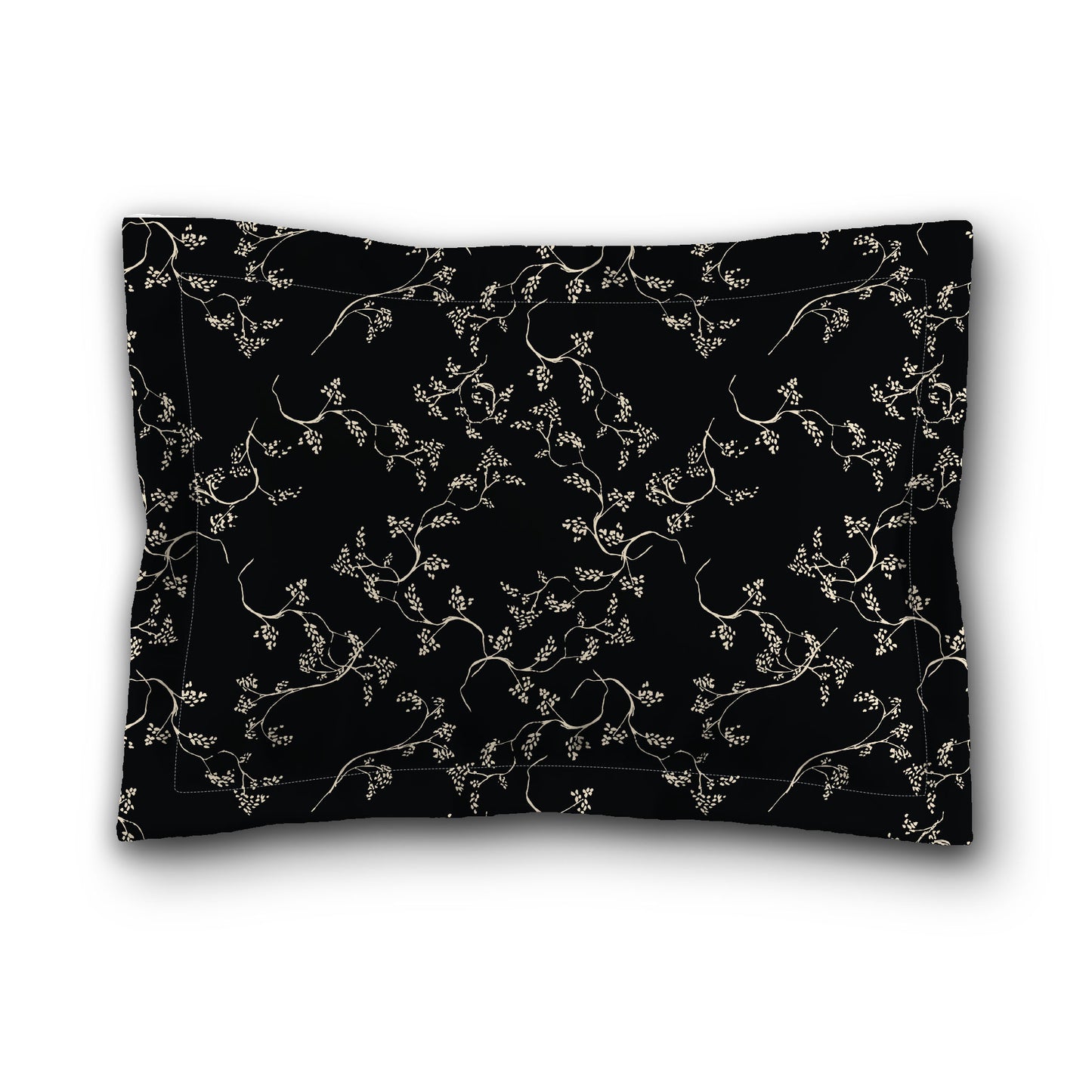 Black Microfiber Pillow Sham with Flange, Beige Hand-painted Vine Print, White Reverse Side, King (width x length) 22 x 38 inches / 56 x 97 cm