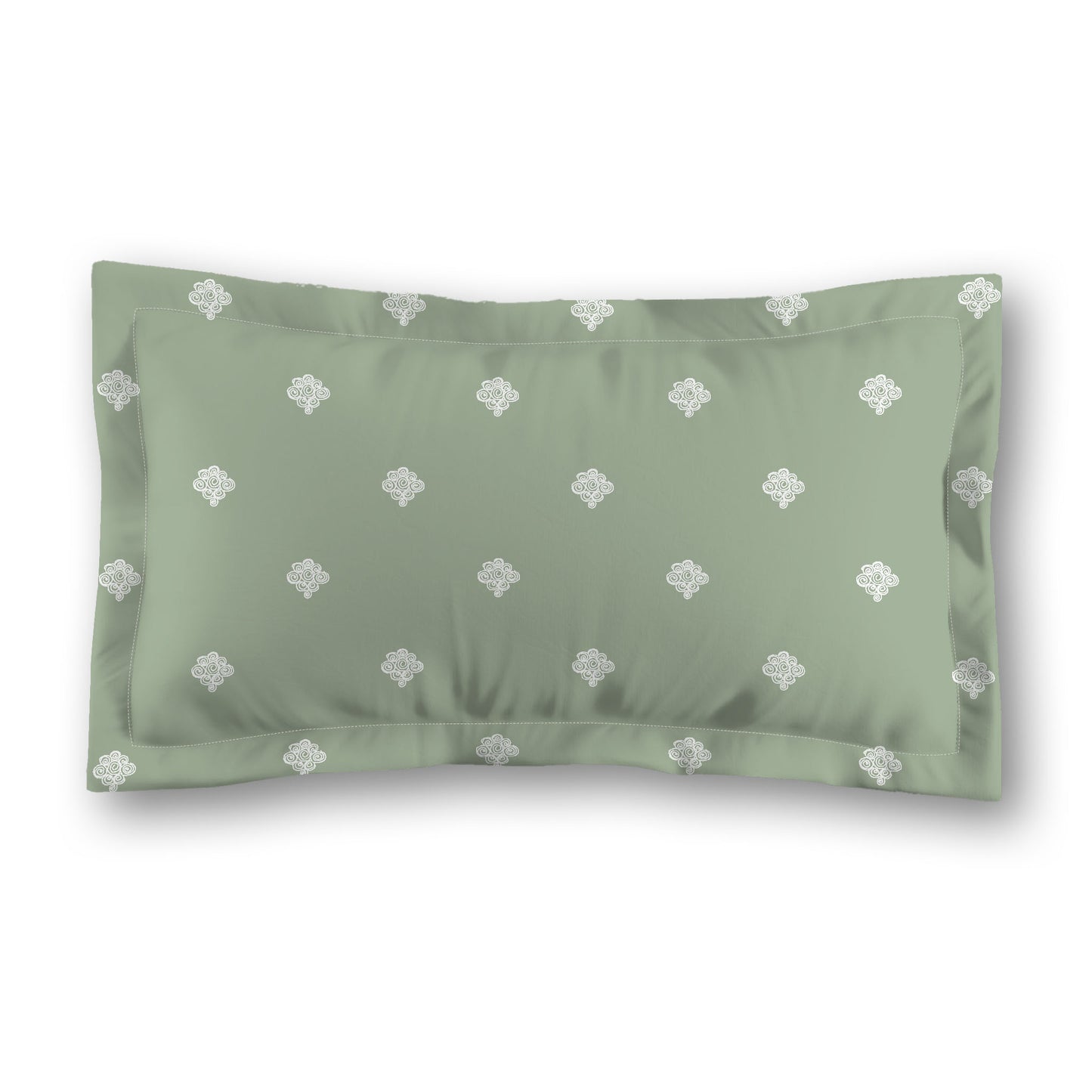Green Microfiber Pillow Sham with Flange, White Hand-painted Swizzle Motif Print, White Reverse Side, Standard (width x length) 22 x 30 inches / 56 x 76 cm