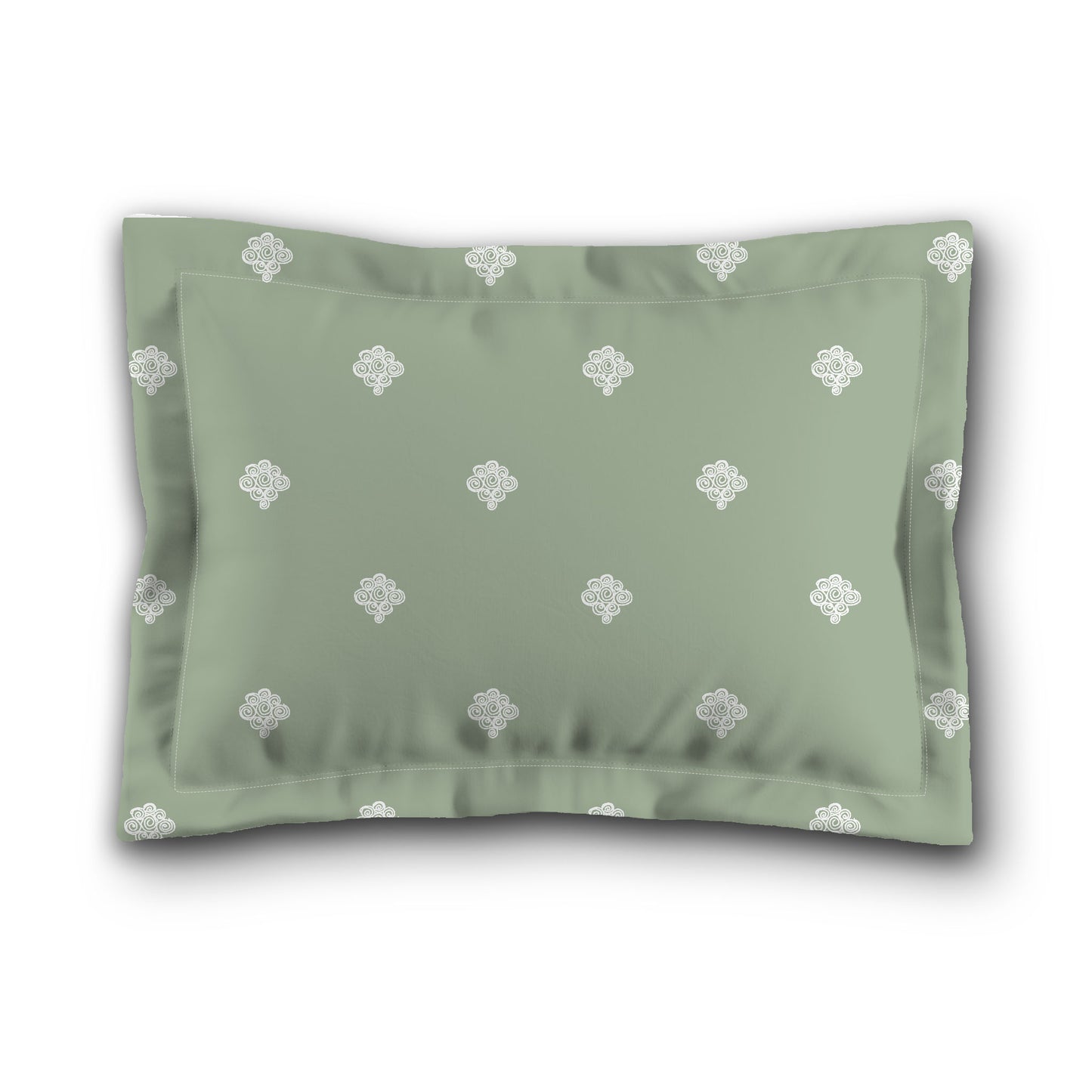 Green Microfiber Pillow Sham with Flange, White Hand-painted Swizzle Motif Print, White Reverse Side, King (width x length) 22 x 38 inches / 56 x 97 cm