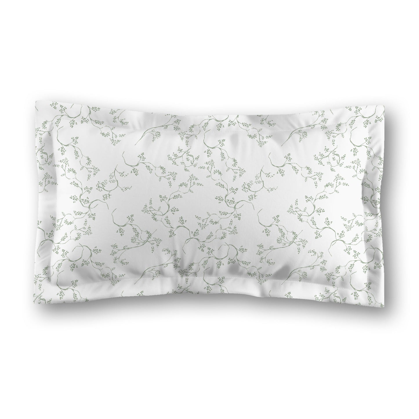 White Microfiber Pillow Sham with Flange, Green Hand-painted Vine Print, White Reverse Side, Standard (width x length) 22 x 30 inches / 56 x 76 cm