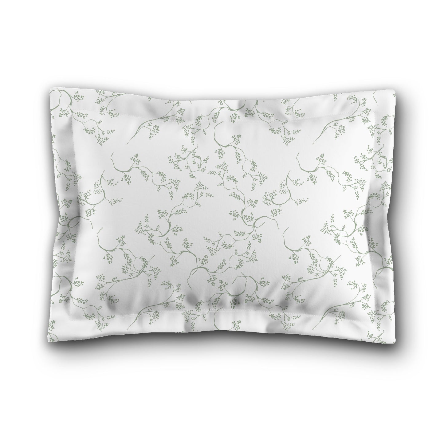 White Microfiber Pillow Sham with Flange, Green Hand-painted Vine Print, White Reverse Side, King (width x length) 22 x 38 inches / 56 x 97 cm