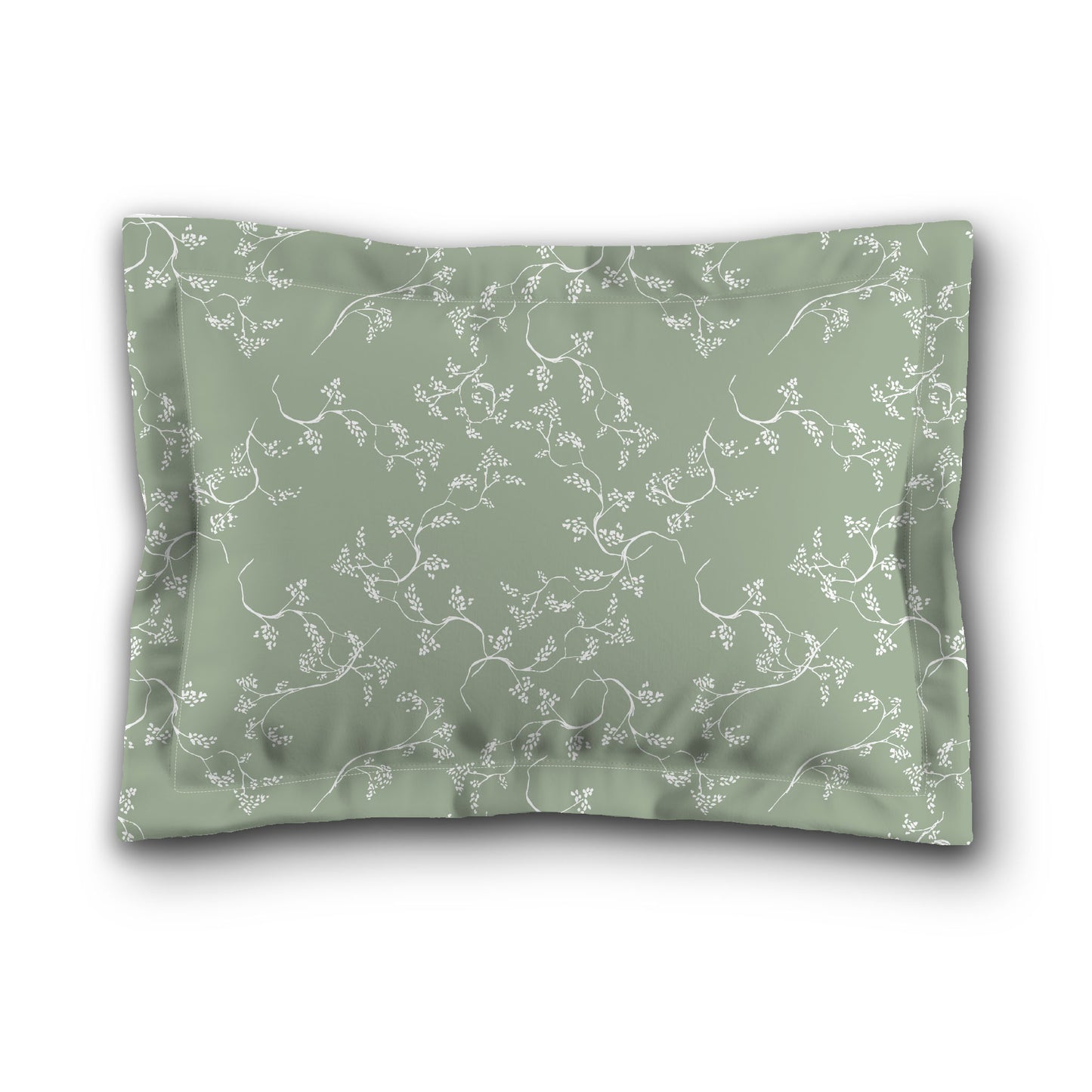 Green Microfiber Pillow Sham with Flange, White Hand-painted Vine Print, White Reverse Side, King (width x length) 22 x 38 inches / 56 x 97 cm
