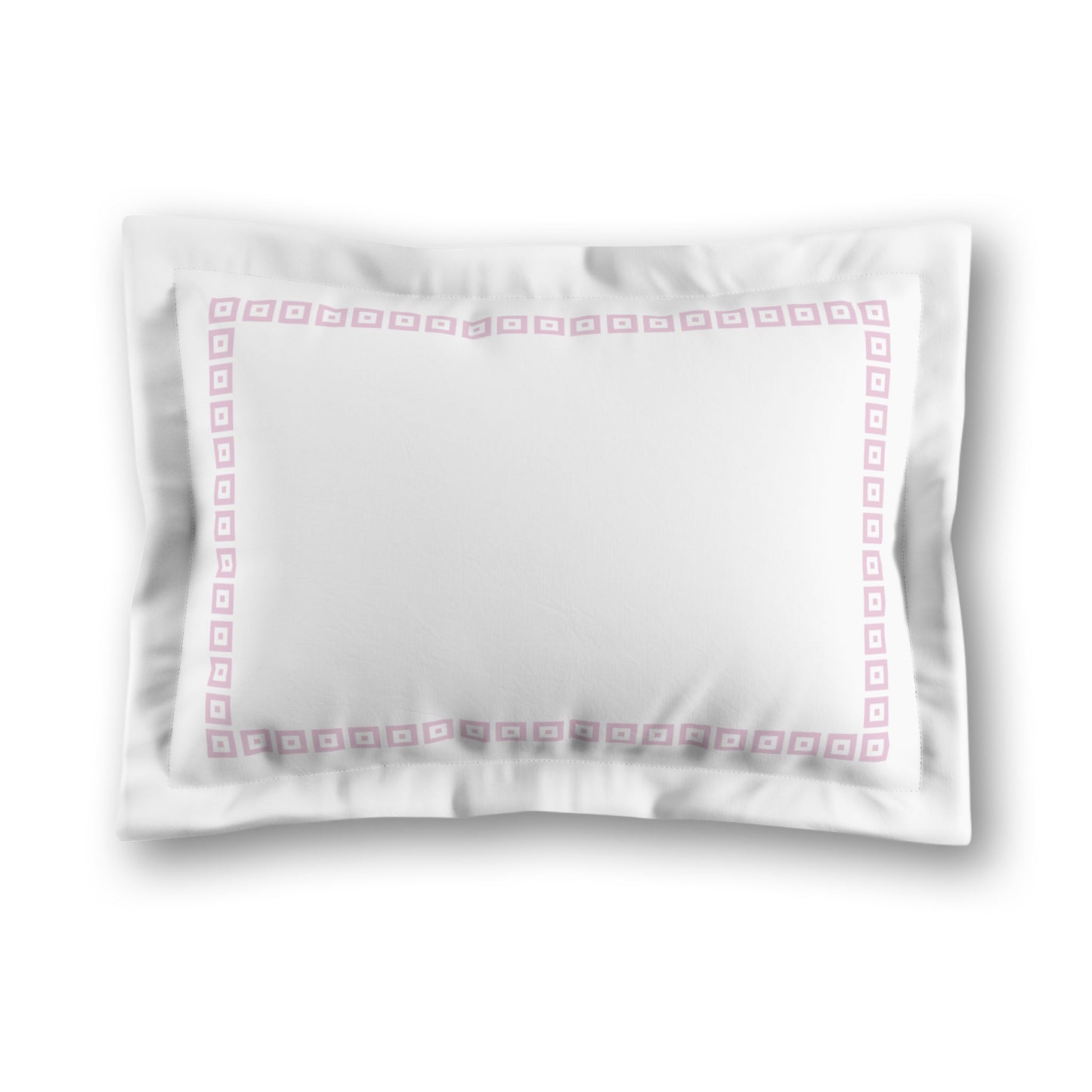 White Microfiber Pillow Sham with Flange, Pink Repeating Square Motif Print, Classic Border, White Reverse Side, King (width x length) 22 x 38 inches / 56 x 97 cm
