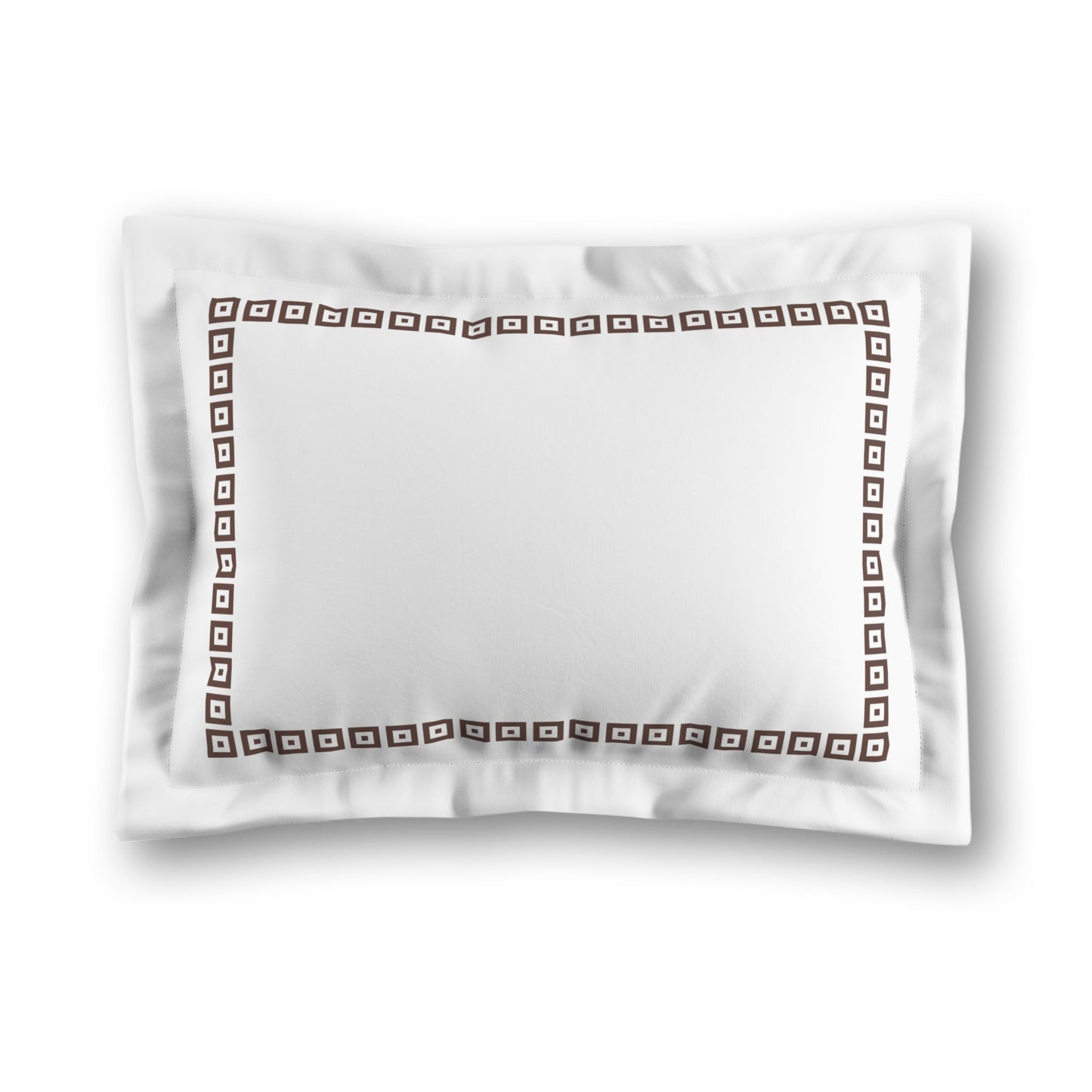 White Microfiber Pillow Sham with Flange, Brown Repeating Square Motif Print, Classic Border, White Reverse Side, King (width x length) 22 x 38 inches / 56 x 97 cm