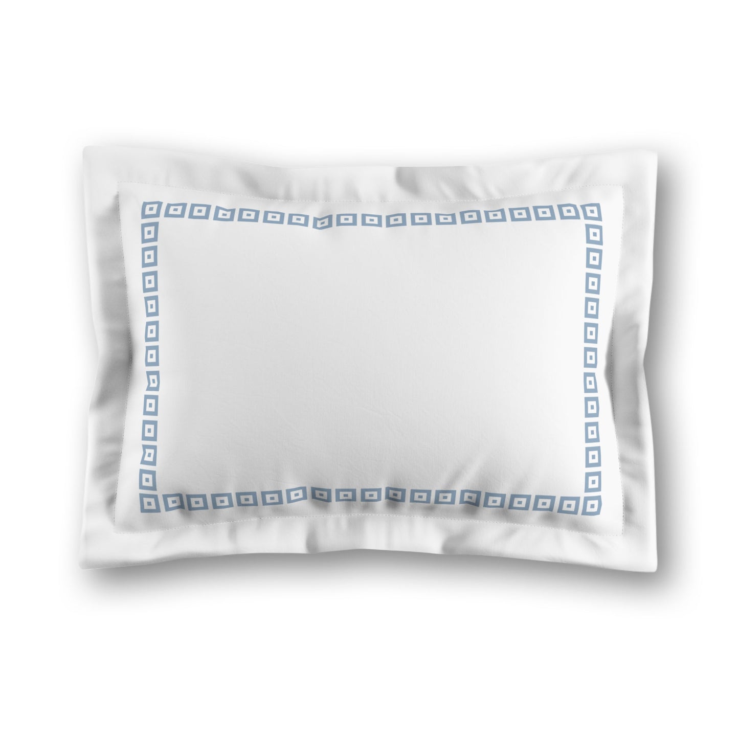 White Microfiber Pillow Sham with Flange, Blue Repeating Square Motif Print, Classic Border, White Reverse Side, Standard (width x length) 22 x 30 inches / 56 x 76 cm