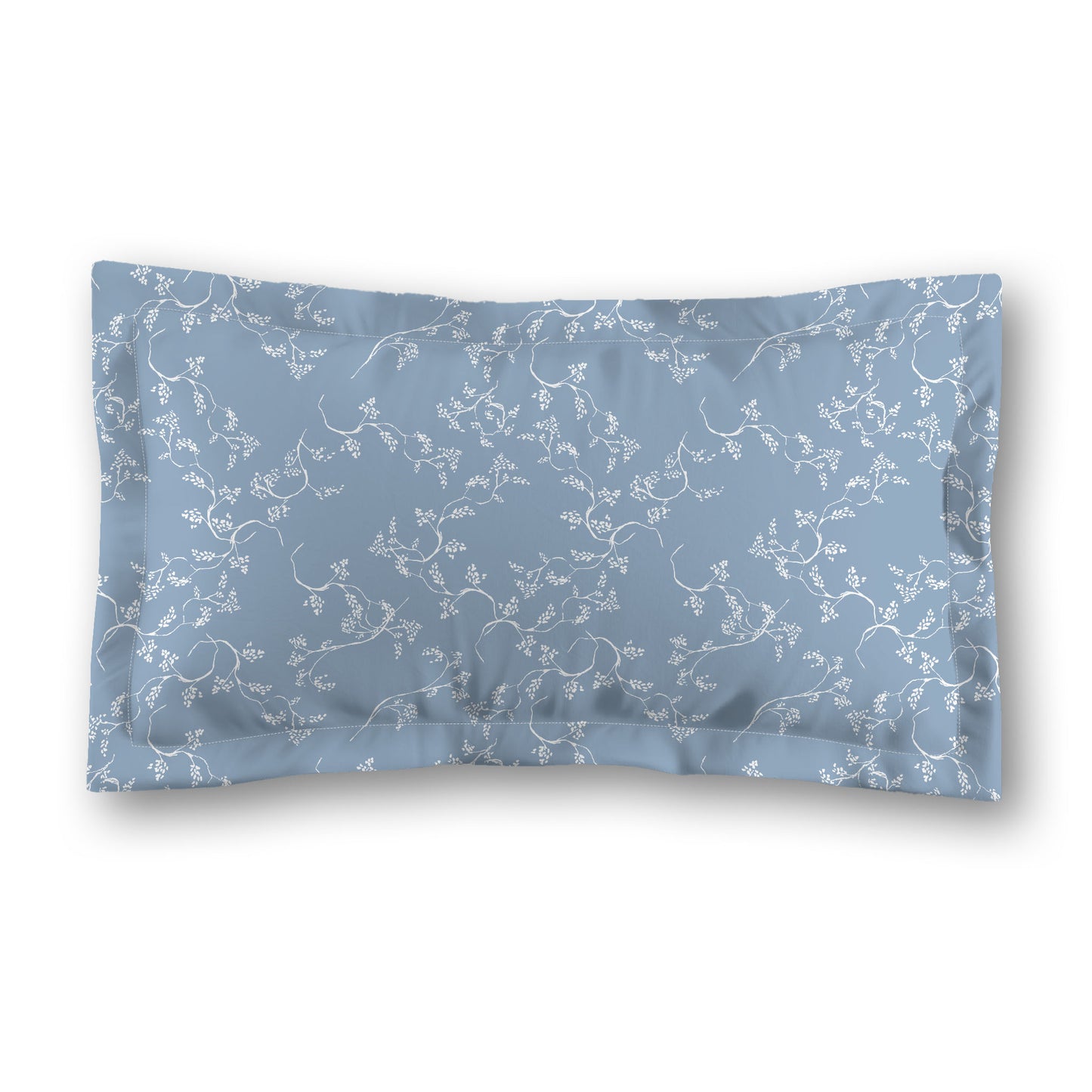 Blue Microfiber Pillow Sham with Flange, White Hand-painted Vine Print, White Reverse Side, King (width x length) 22 x 38 inches / 56 x 97 cm