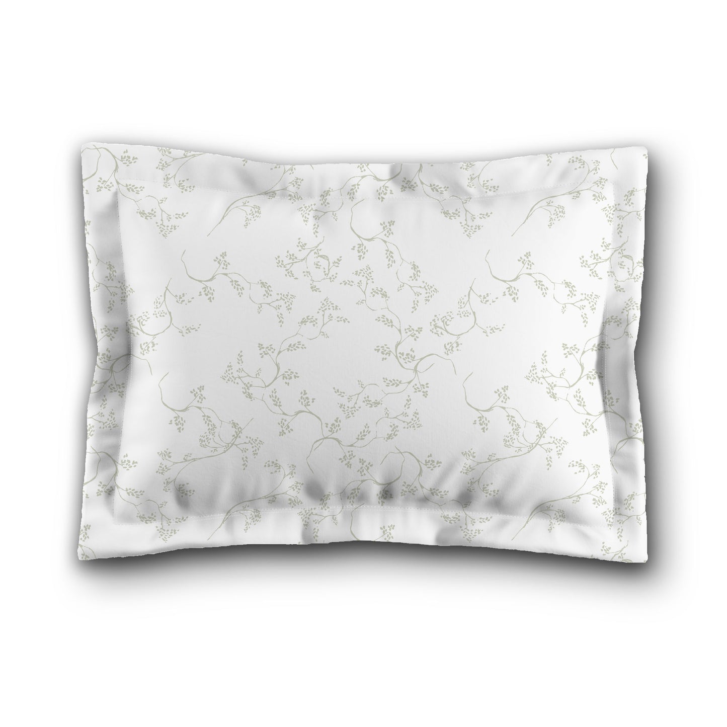 White Microfiber Pillow Sham with Flange, Pale Green Hand-painted Vine Print, White Reverse Side, King (width x length) 22 x 38 inches / 56 x 97 cm