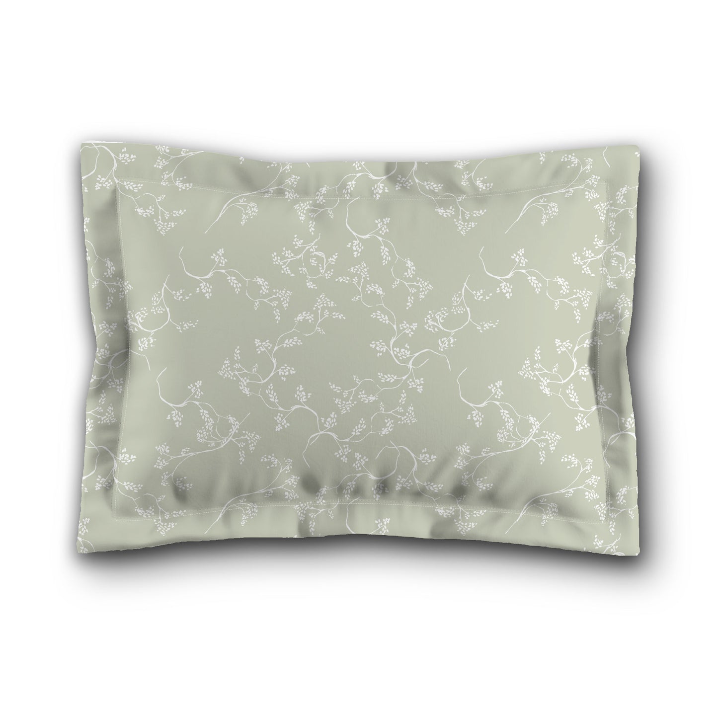 Pale Green Microfiber Pillow Sham with Flange, White Hand-painted Vine Print, White Reverse Side, King (width x length) 22 x 38 inches / 56 x 97 cm