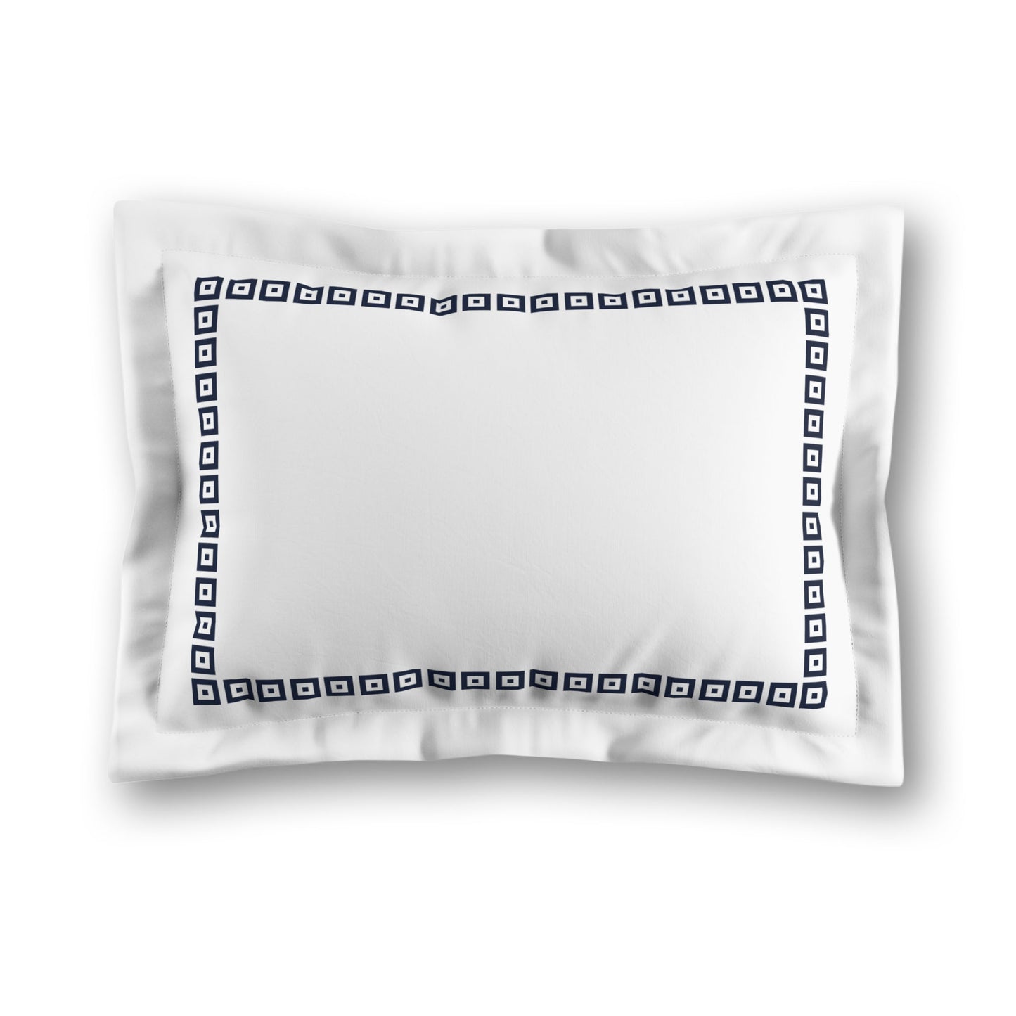 White Microfiber Pillow Sham with Flange, Navy Blue Repeating Square Motif Print, Classic Border, White Reverse Side, King (width x length) 22 x 38 inches / 56 x 97 cm