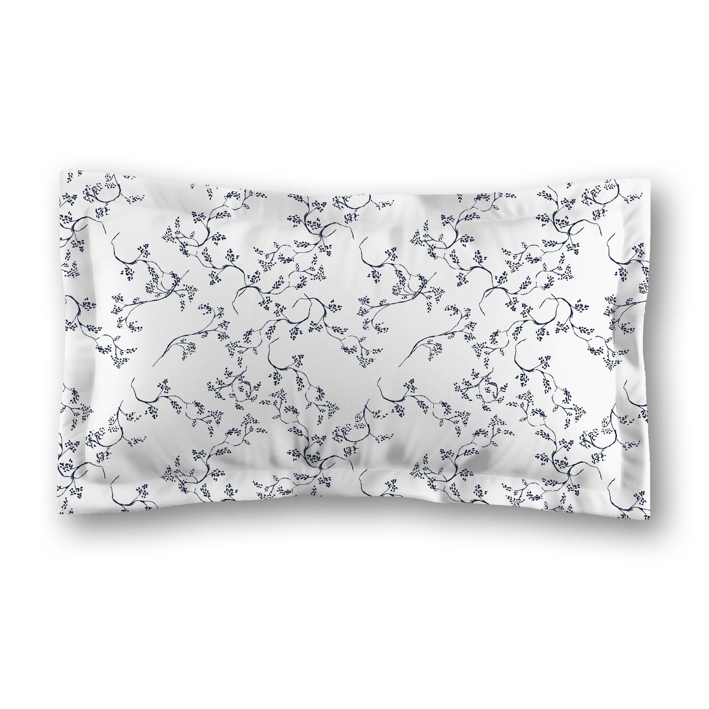 White Microfiber Pillow Sham with Flange, Navy Blue Hand-painted Vine Print, White Reverse Side, Standard (width x length) 22 x 30 inches / 56 x 76 cm