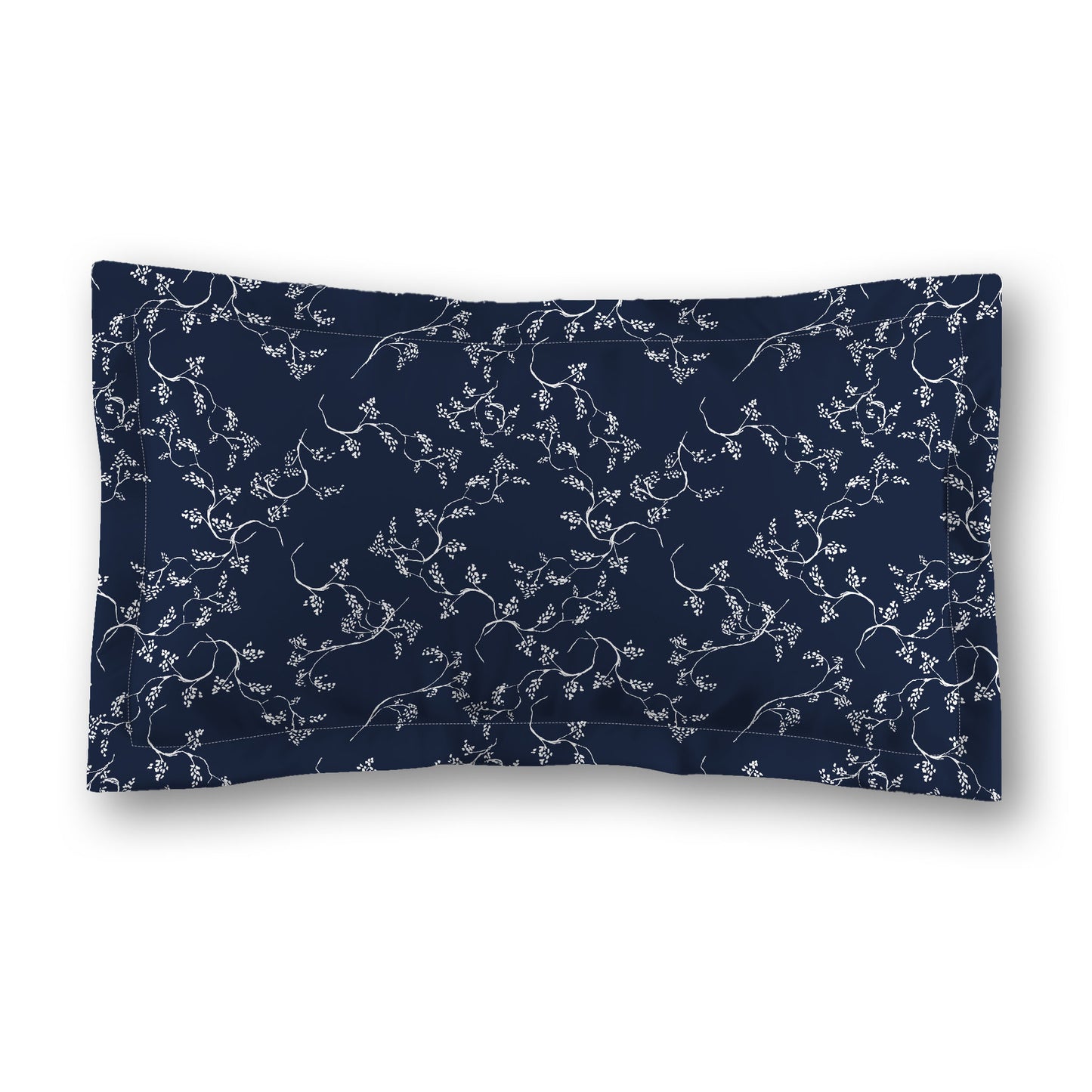 Navy Blue Microfiber Pillow Sham with Flange, White Hand-painted Vine Print, White Reverse Side, Standard (width x length) 22 x 30 inches / 56 x 76 cm