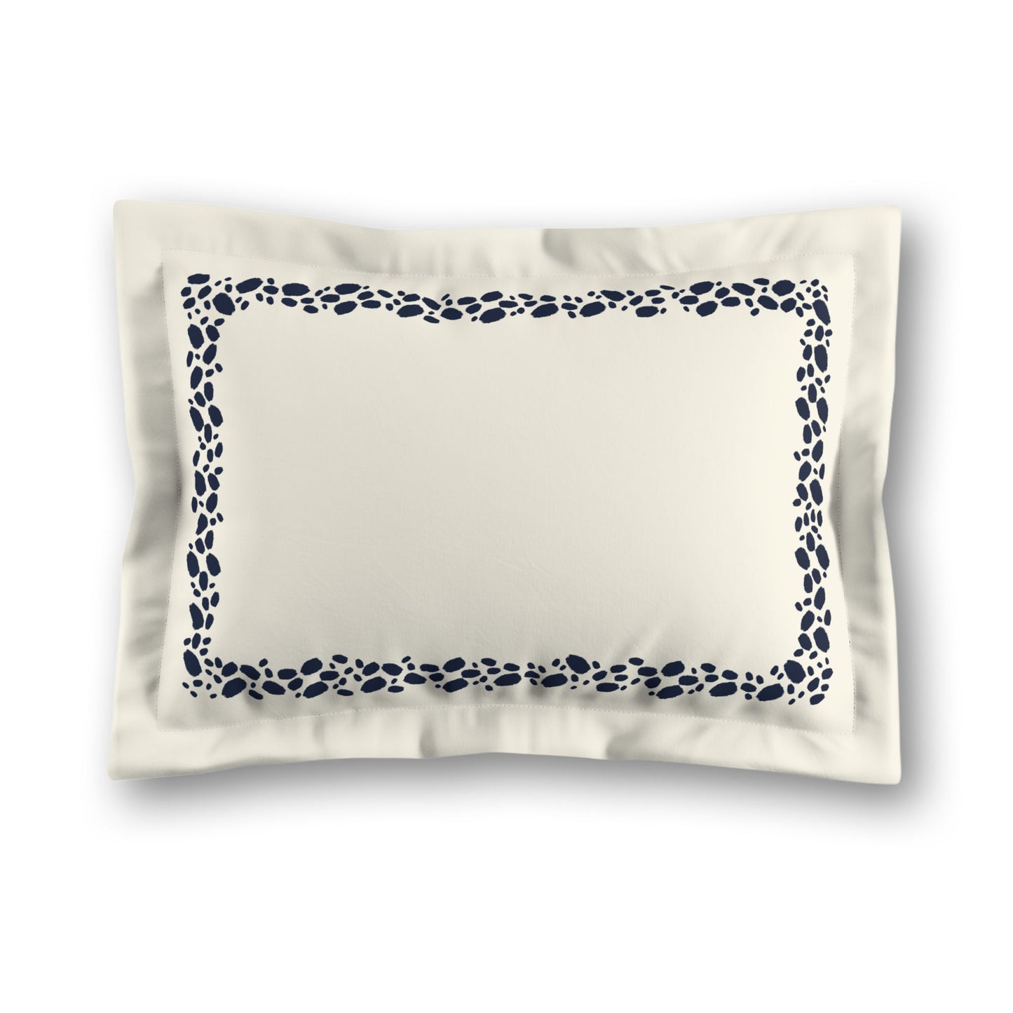 Pale Cream Microfibre Pillow Sham with Flange, Navy Blue Hand-painted Dab Motif Print, Classic Border, White Reverse Side, King (width x length) 22 x 38 inches / 56 x 97 cm