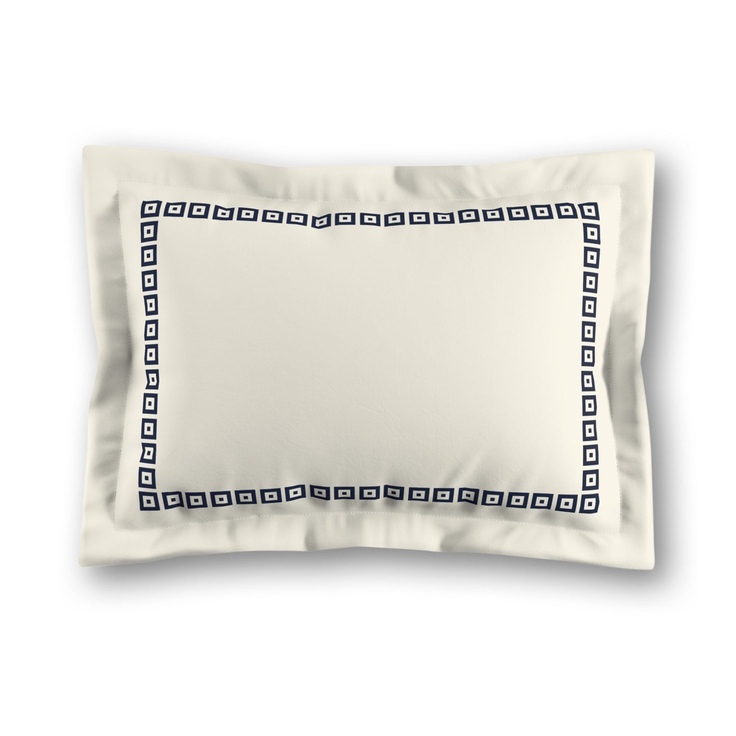 Pale Cream Microfibre Pillow Sham with Flange, Navy Blue Repeating Square Motif Print, Classic Border, White Reverse Side, King (width x length) 22 x 38 inches / 56 x 97 cm