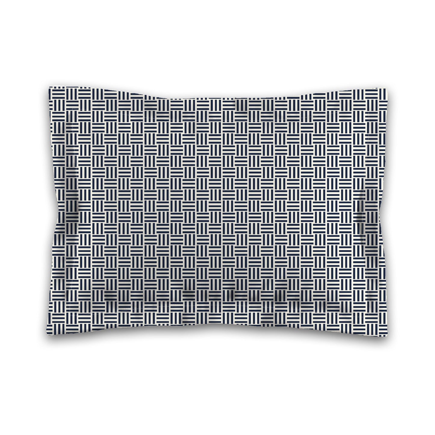 Pale Cream Microfibre Pillow Sham with Flange, Navy Blue Single Weave Motif Print, White Reverse Side, King (width x length) 22 x 38 inches / 56 x 97 cm