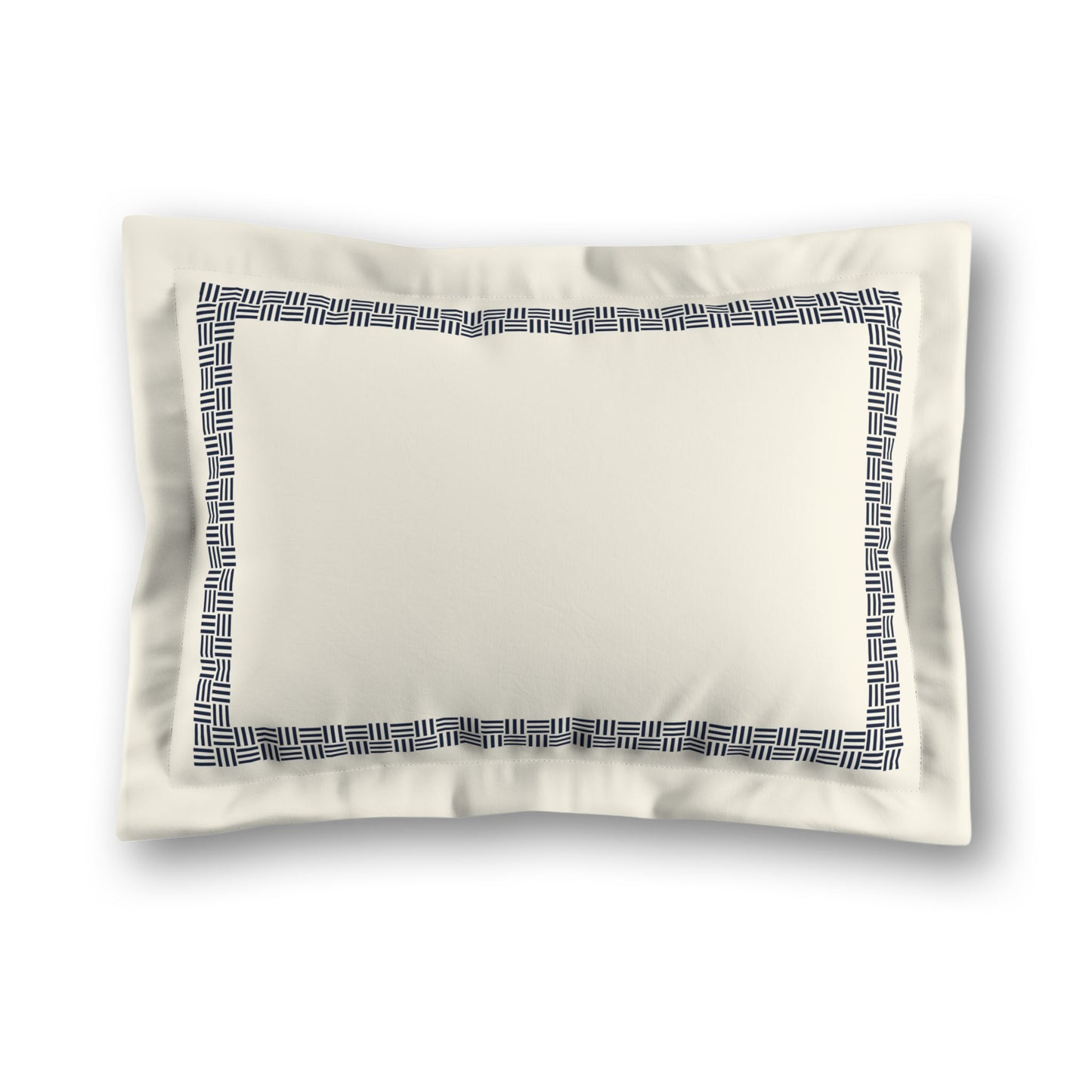 Pale Cream Microfibre Pillow Sham with Flange, Navy Blue Double Weave Motif Print, Classic Border, White Reverse Side, King (width x length) 22 x 38 inches / 56 x 97 cm