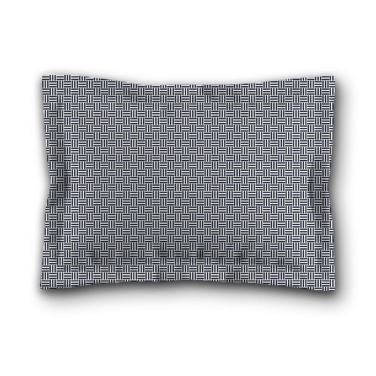 Pale Cream Microfibre Pillow Sham with Flange, Navy Blue Double Weave Motif Print, White Reverse Side, King (width x length) 22 x 38 inches / 56 x 97 cm