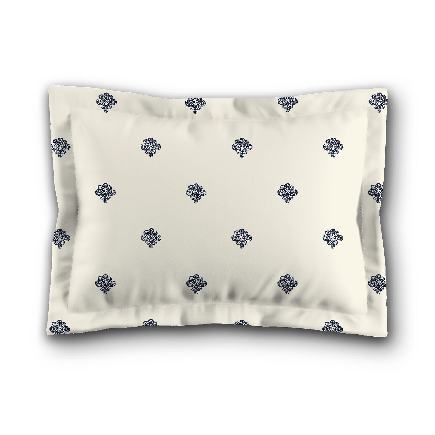 Pale Cream Microfibre Pillow Sham with Flange, Navy Blue Hand-painted Swizzle Motif Print, White Reverse Side, King (width x length) 22 x 38 inches / 56 x 97 cm