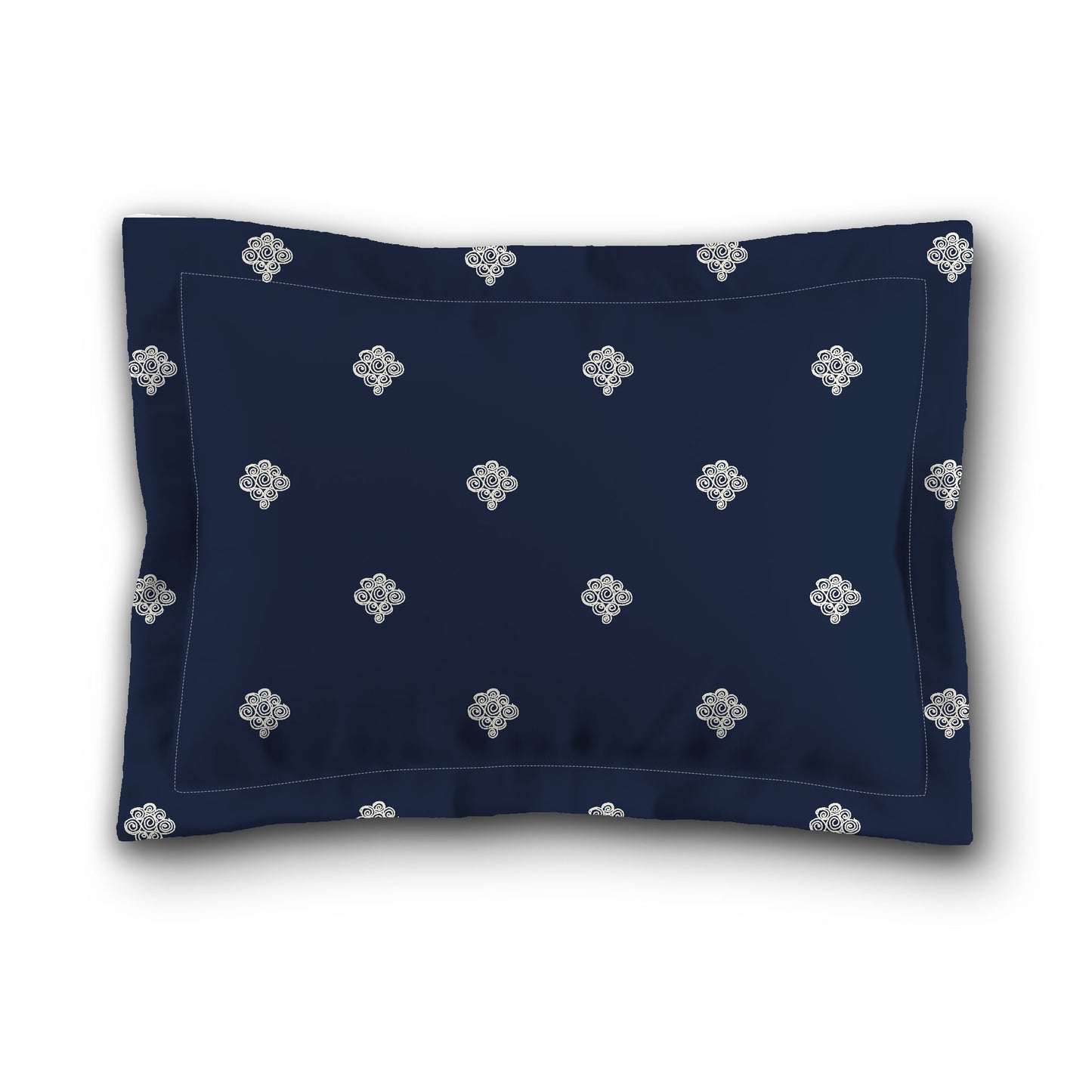 Navy Blue Microfiber Pillow Sham with Flange, Pale Cream Hand-painted Swizzle Motif Print, White Reverse Side, King (width x length) 22 x 38 inches / 56 x 97 cm