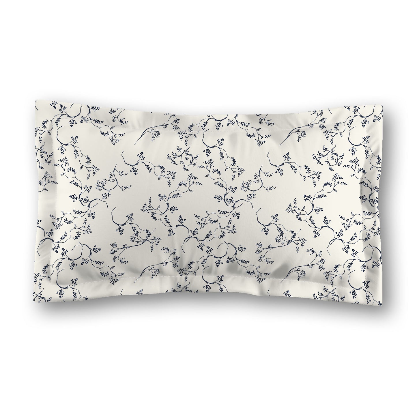 Pale Cream Microfibre Pillow Sham with Flange, Navy Blue Hand-painted Vine Print, White Reverse Side, Standard (width x length) 22 x 30 inches / 56 x 76 cm