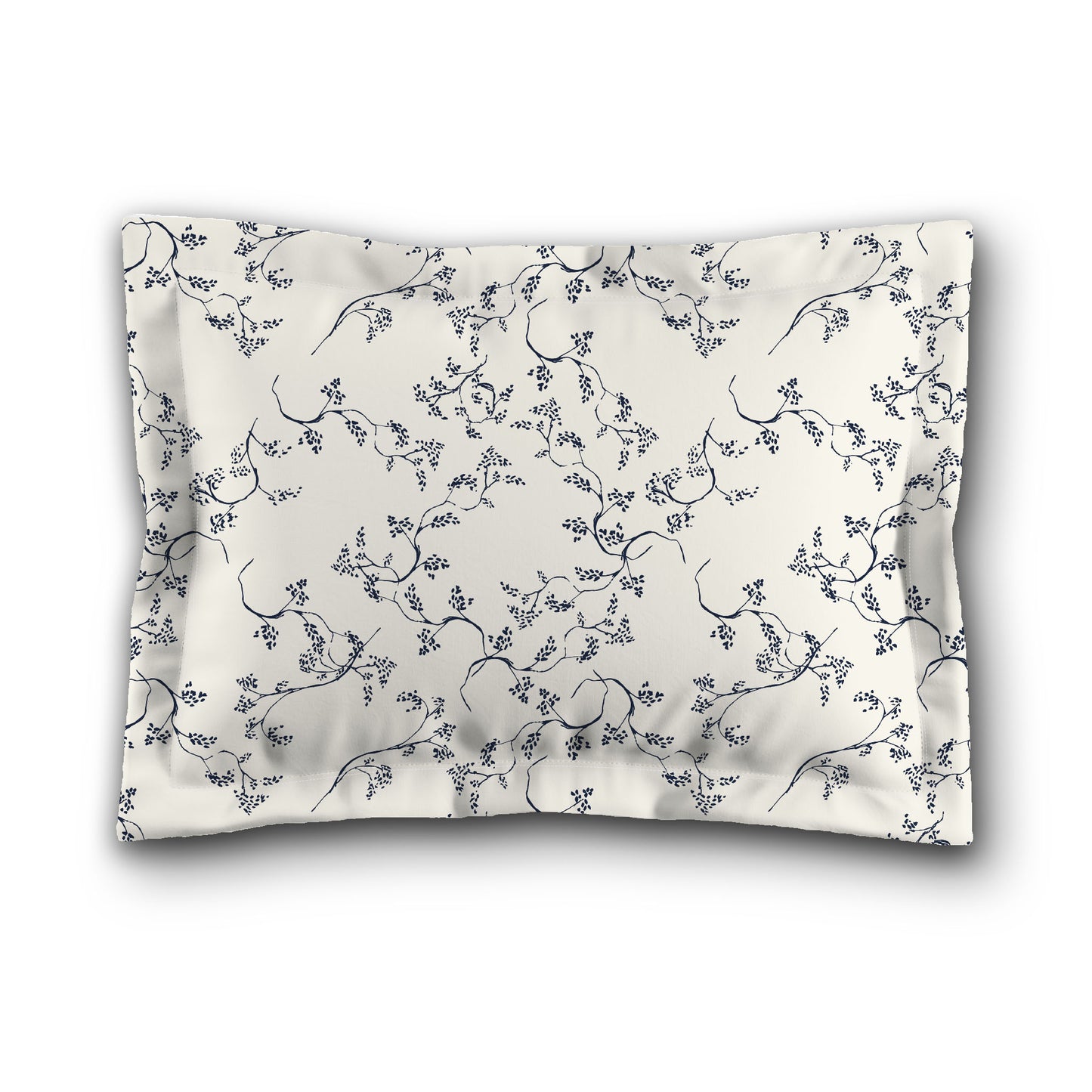Pale Cream Microfibre Pillow Sham with Flange, Navy Blue Hand-painted Vine Print, White Reverse Side, King (width x length) 22 x 38 inches / 56 x 97 cm
