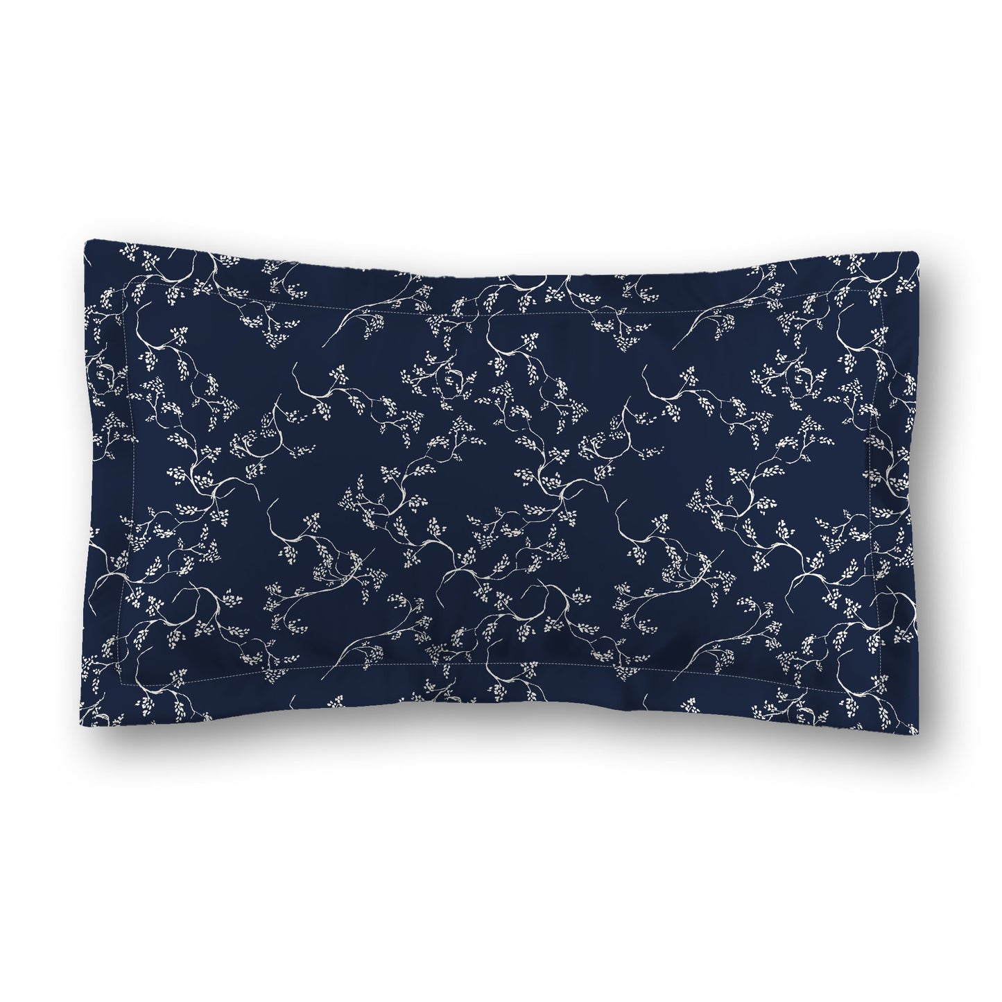 Navy Blue Microfiber Pillow Sham with Flange, Pale Cream Hand-painted Vine Print, White Reverse Side, Standard (width x length) 22 x 30 inches / 56 x 76 cm