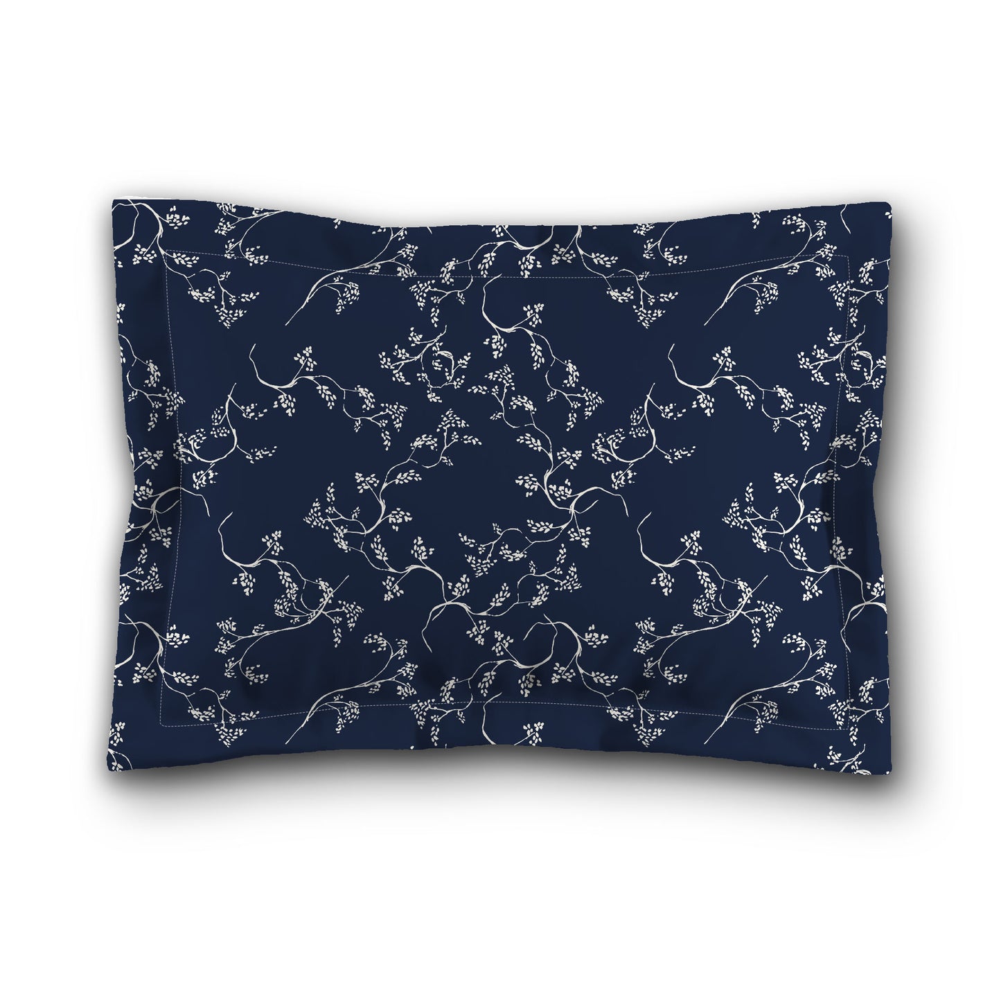 Navy Blue Microfiber Pillow Sham with Flange, Pale Cream Hand-painted Vine Print, White Reverse Side, King (width x length) 22 x 38 inches / 56 x 97 cm